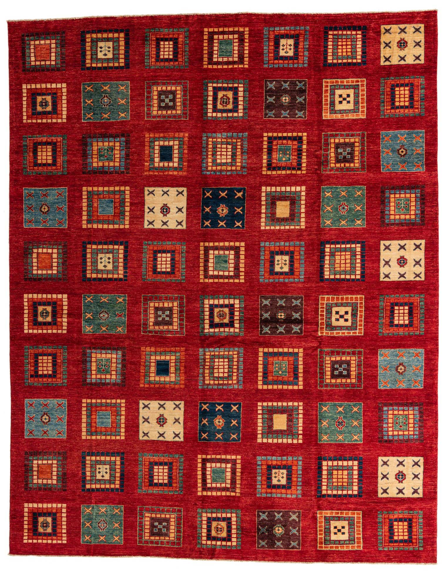 A 10x13 rectangular red wool rug featuring a grid of colorful traditional Oriental squares in blues, greens, and creams.