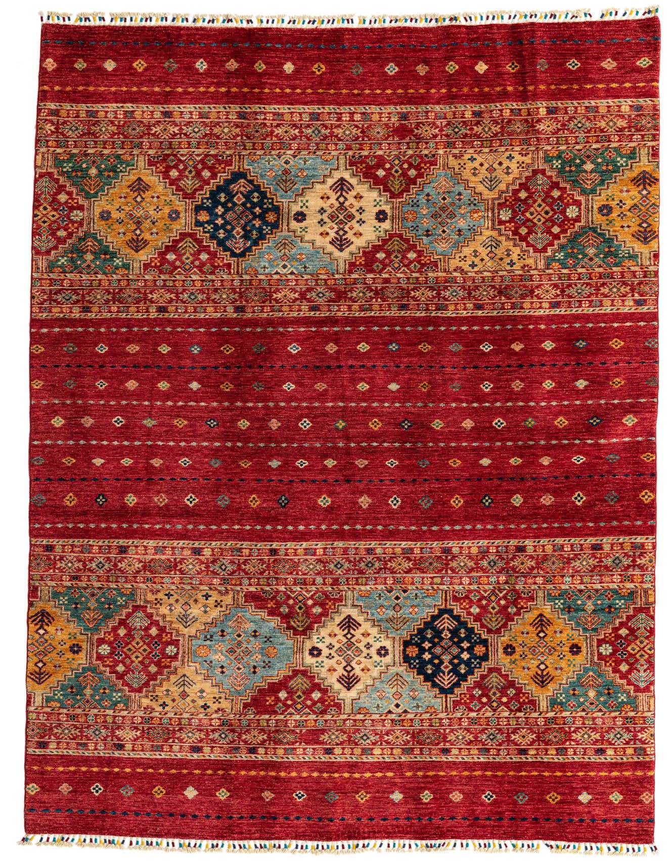 A 6x9 rectangular red Ariana Ziegler rug with traditional Oriental patterns in blue, gold, and cream.