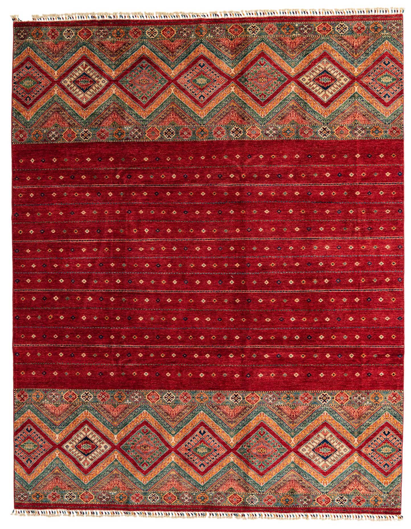 A vibrant 8x11 rectangular Ariana Ziegler rug featuring a rich red field with subtle striped patterns and intricate multi-colored geometric borders.
