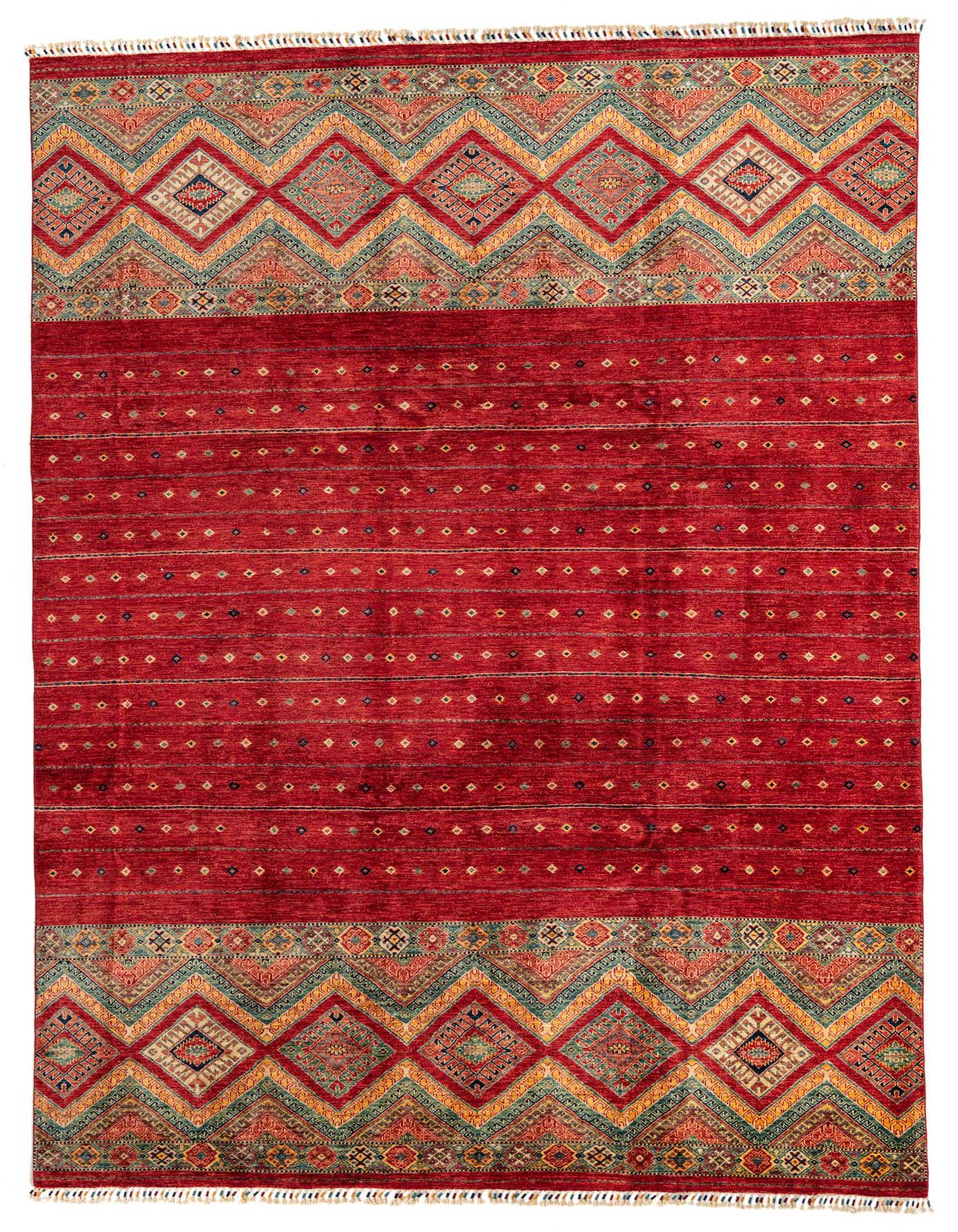 A rectangular 8x12 red traditional rug with intricate multi-color geometric borders and subtle striped patterns.