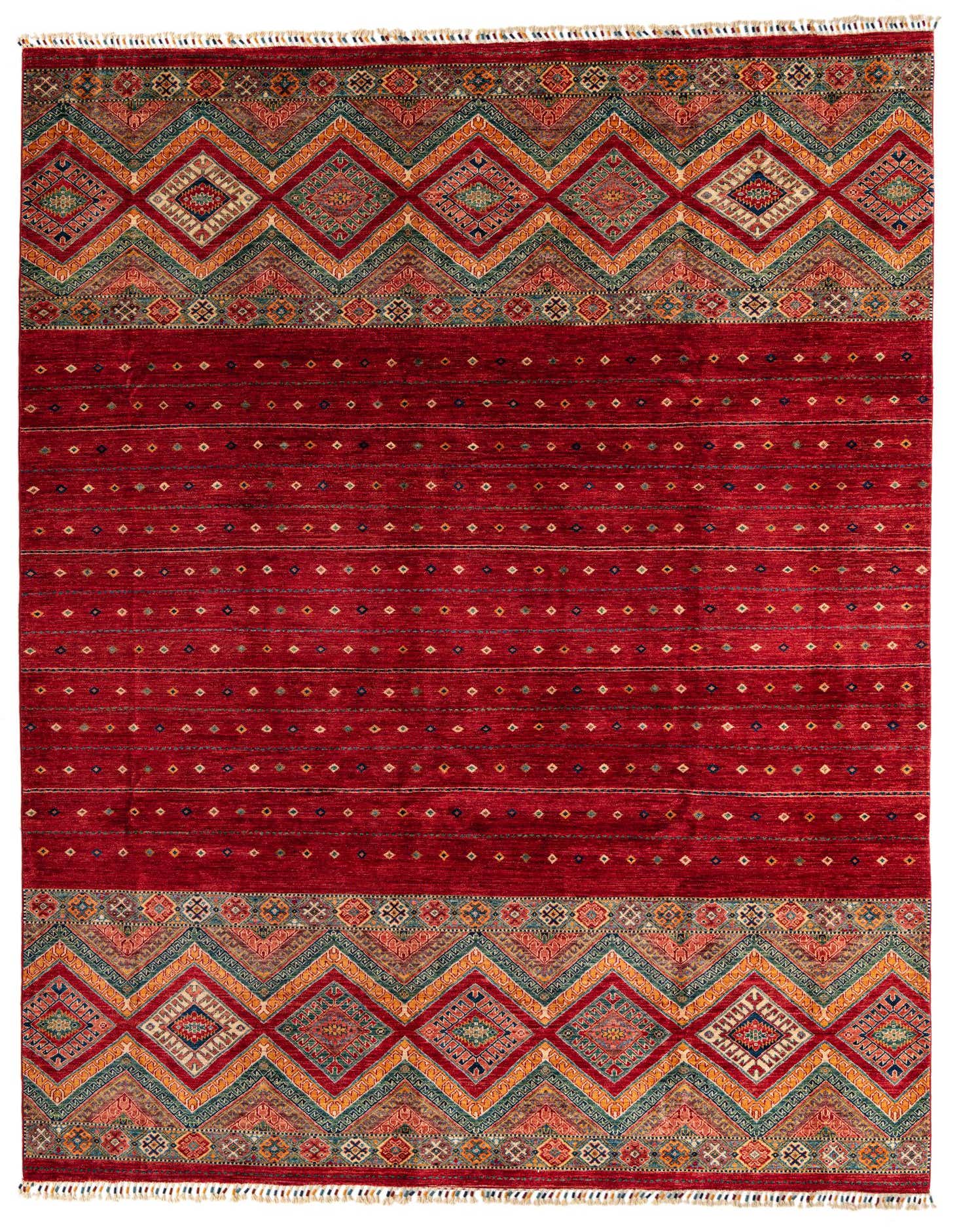 A rectangular 8x11 Ariana Ziegler rug featuring a deep red field with subtle striped patterns and intricate multi-color geometric borders.