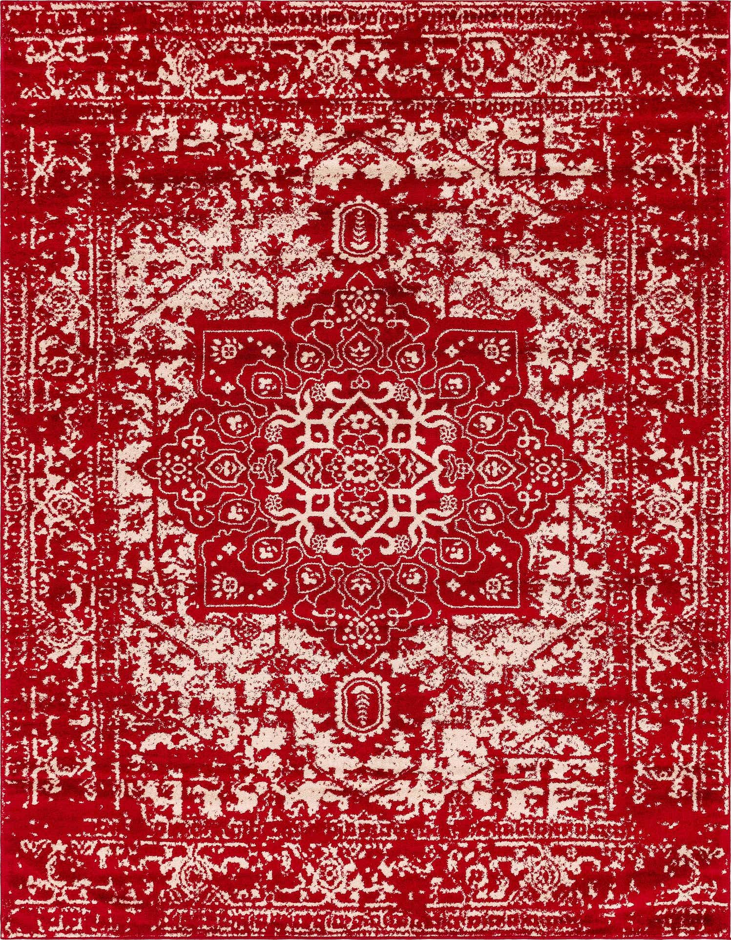 A 9x12 rectangular red area rug with a distressed white traditional medallion pattern, suitable for a living room.