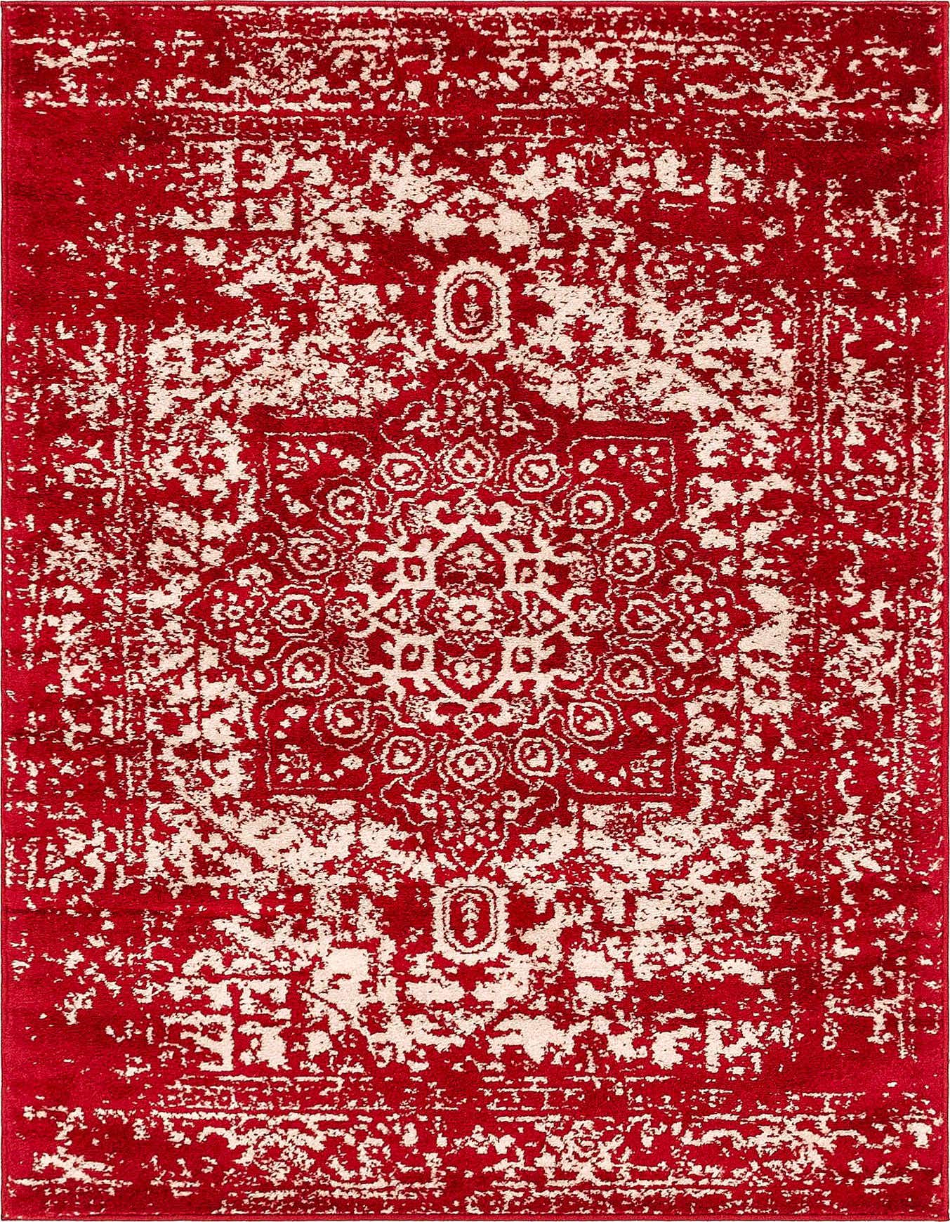 A 4x6 rectangular red and cream area rug with a distressed traditional medallion pattern, suitable for a living room.