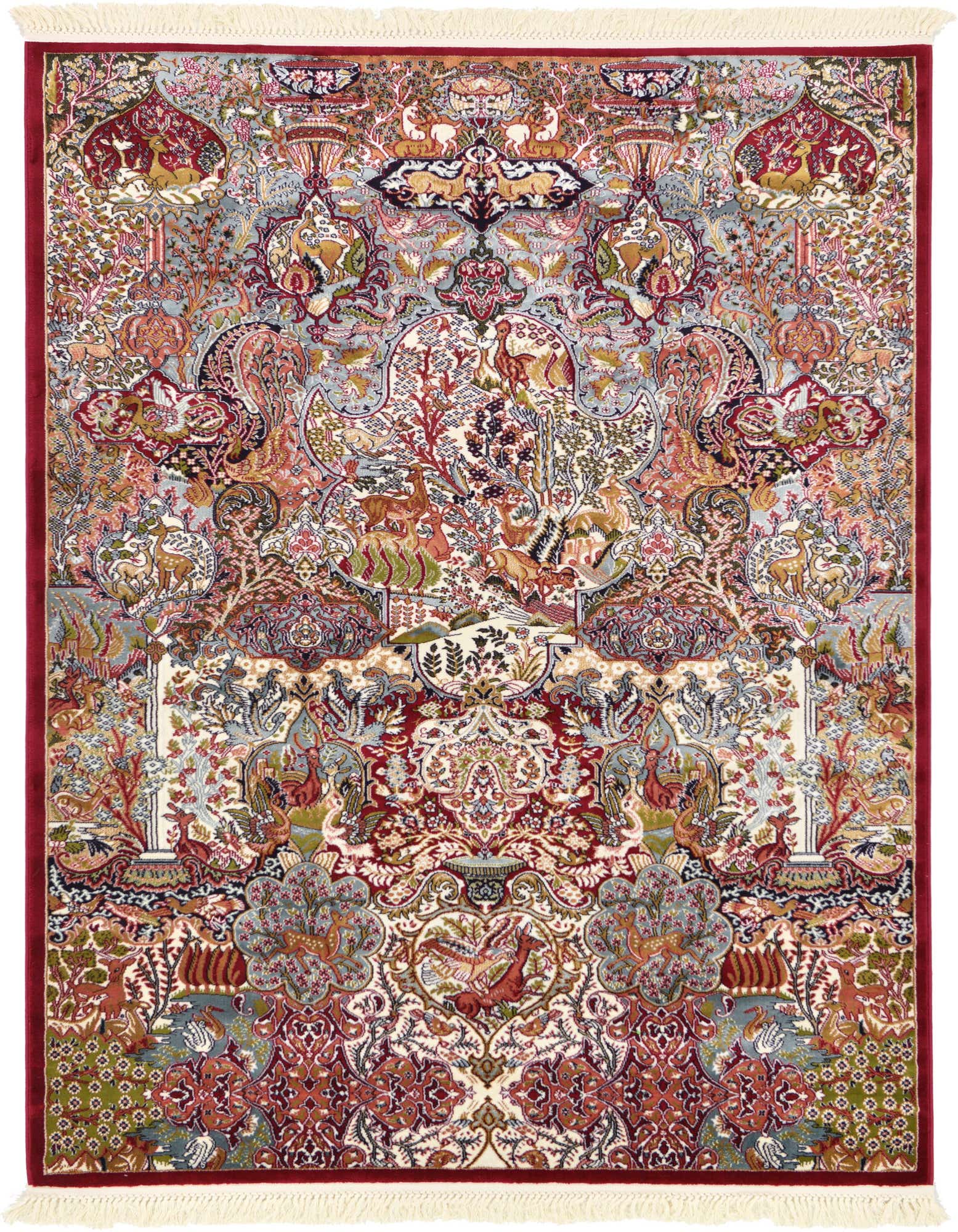 A 5x8 rectangular Arya rug by Rugs.com, featuring a detailed botanical and floral pattern with deer and birds in various shades of red, cream, and blue, with a red border and fringe.