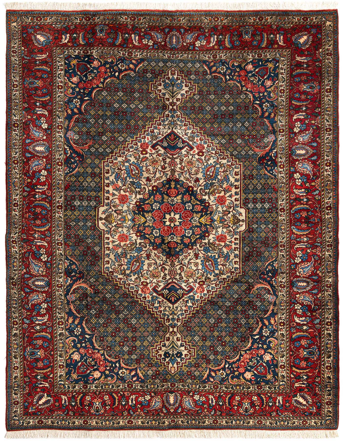A 7x10 rectangular Bachtiar Persian rug with a rich red border and a central medallion on a dark blue field, featuring intricate floral and traditional patterns.