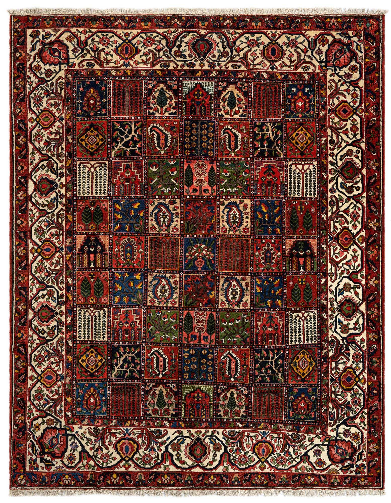A large 10x12 rectangular Persian rug featuring a grid of colorful squares with intricate traditional motifs, framed by a detailed floral border.