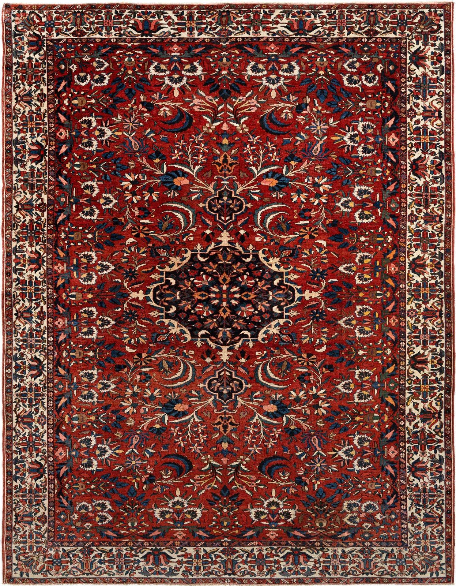 A large 12x15 rectangular Bachtiar rug featuring a rich red field with intricate floral and medallion patterns in blue, cream, and black.