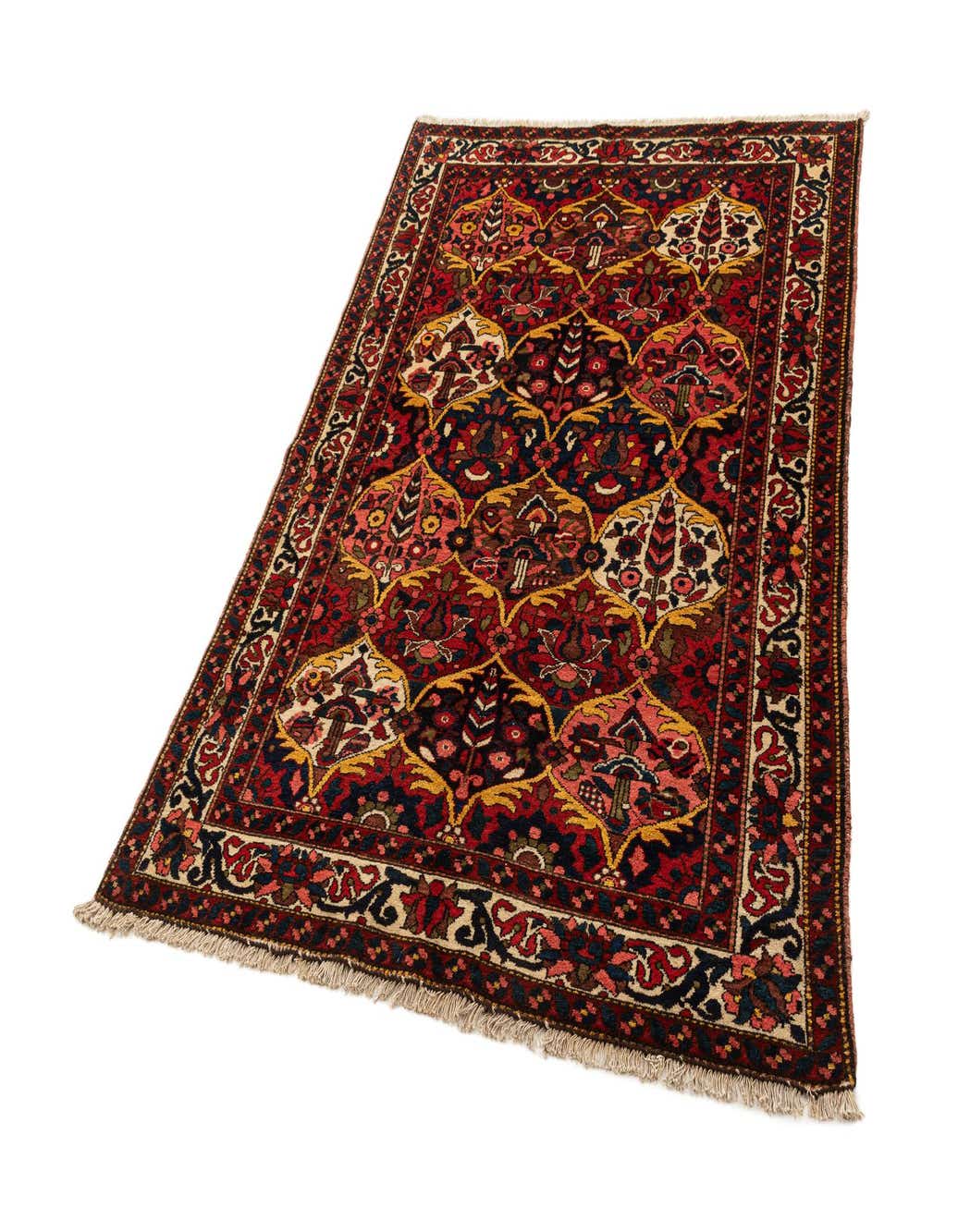A 5x8 rectangular Bachtiar rug featuring a rich red and navy field with intricate floral and medallion patterns, handmade from sheep virgin wool.
