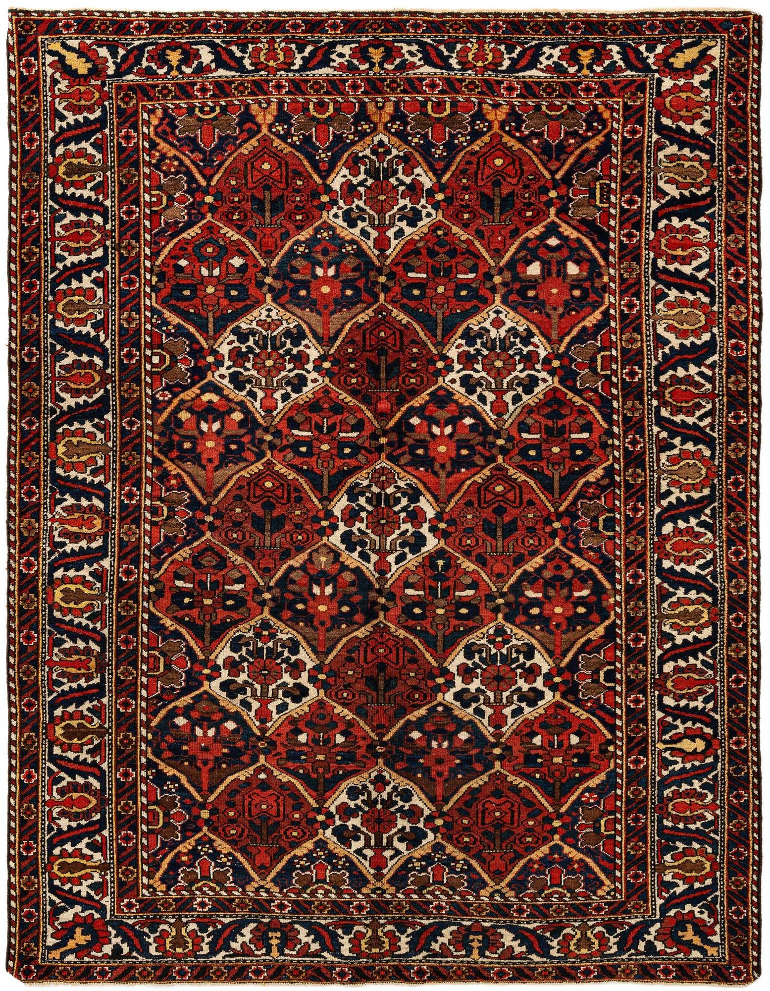 A 5x8 rectangular Bachtiar rug featuring a traditional pattern in deep reds, navy, and cream, with intricate floral motifs.