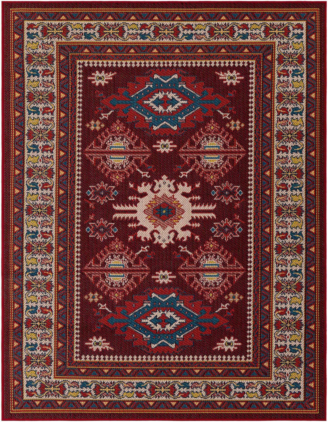 A 5x8 rectangular Baja Outdoor rug in reds, featuring a traditional medallion pattern with teal and cream accents, suitable for indoor or outdoor use.