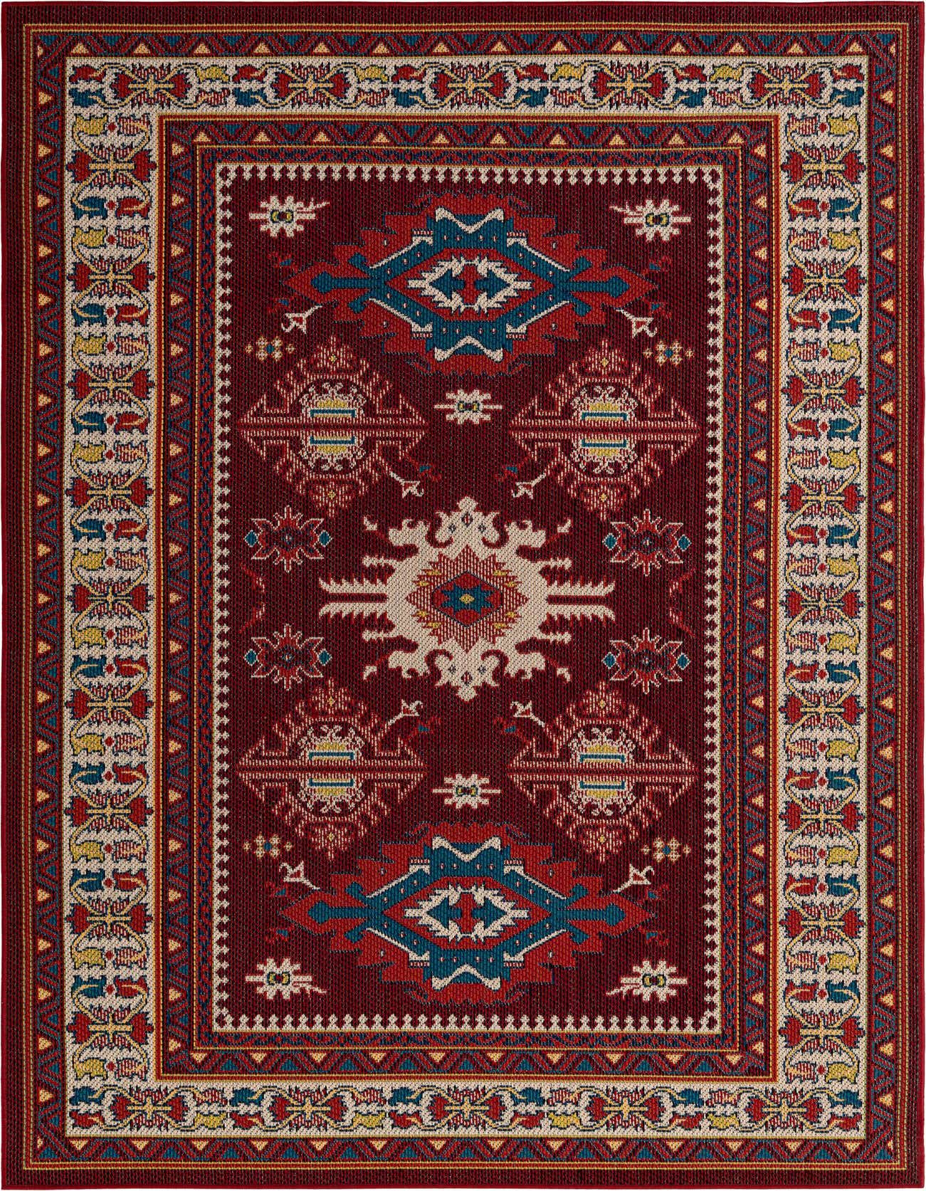 A 6x9 rectangular Baja Outdoor rug featuring a vibrant red background with a modern geometric pattern in blue, yellow, and cream, ideal for indoor or outdoor spaces.