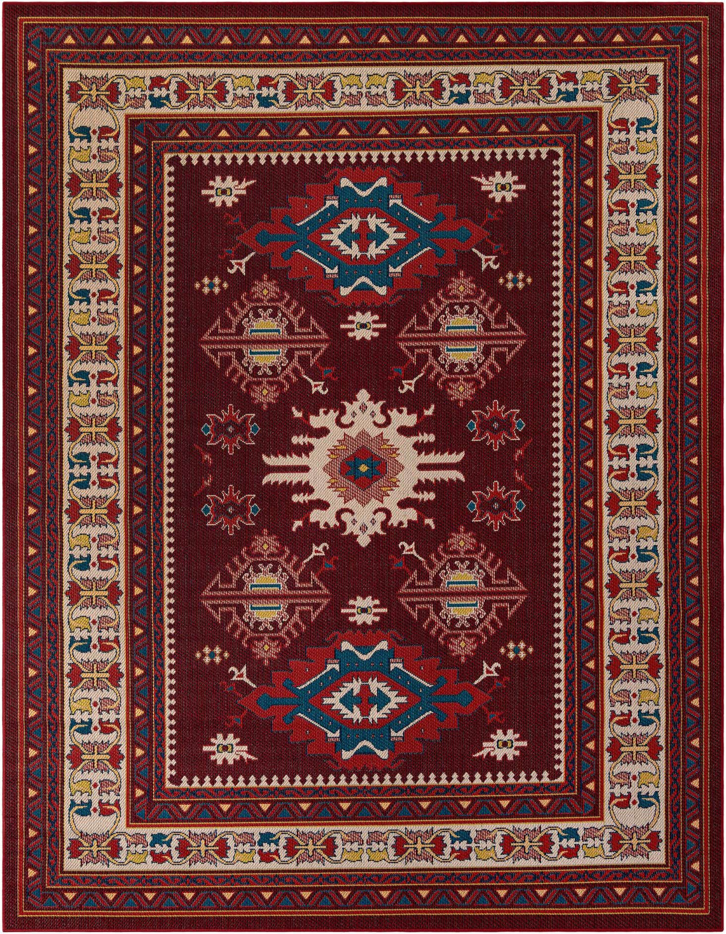 A 9x12 rectangular Baja Outdoor rug by Rugs.com, featuring a traditional Oriental pattern in reds, blues, and creams, suitable for indoor or outdoor use.