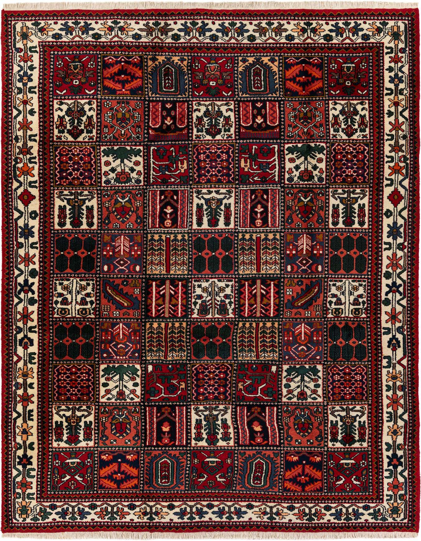 A 7x10 rectangular Rugs.com Bakhtiar wool rug with a vibrant tribal, oriental pattern in reds, blues, and creams.