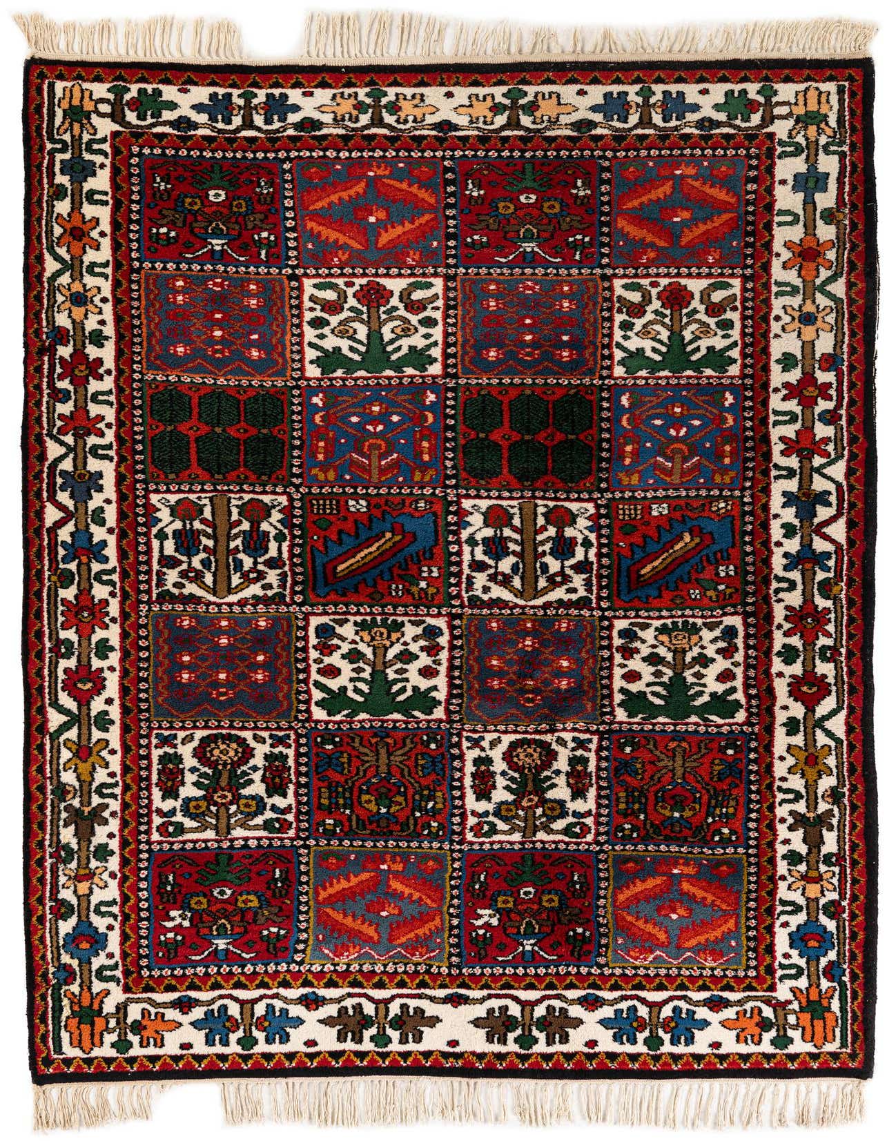 A 4x6 rectangular Bakhtiar rug featuring a traditional tribal pattern with a grid of red, blue, green, and white squares, each with unique floral and geometric motifs, bordered by a detailed design.