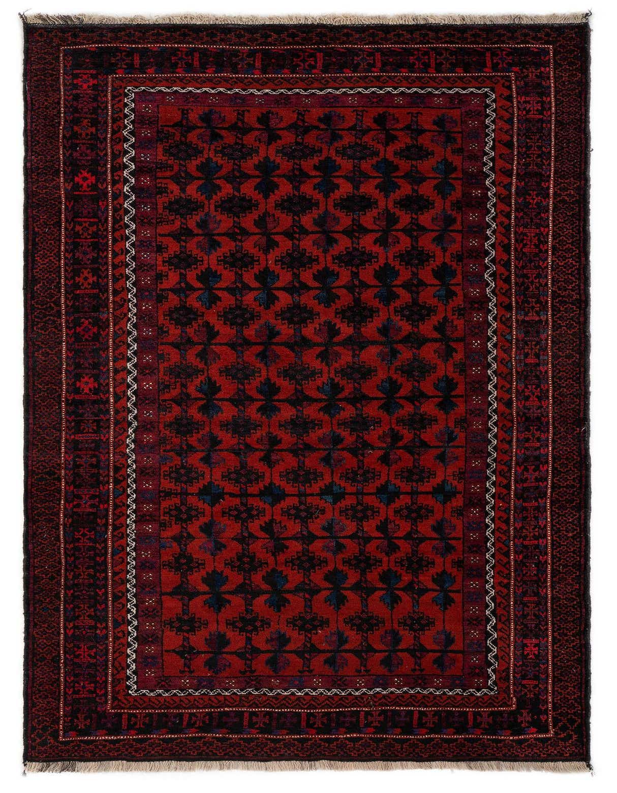 A 4x6 rectangular Balouch rug with a deep red field and intricate dark blue and black tribal patterns, bordered by a detailed dark red and black design.