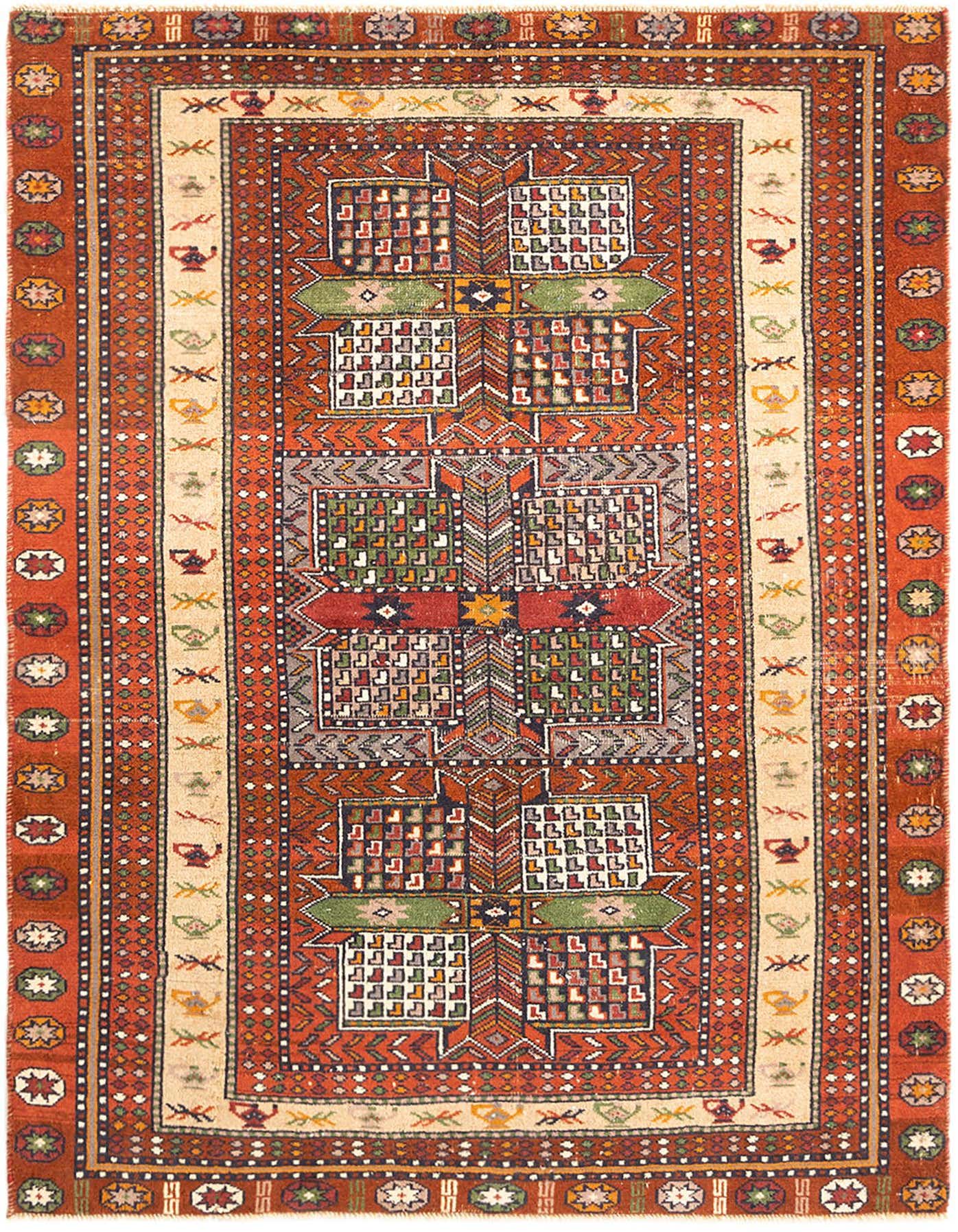 A 3x5 rectangular Balouch rug in warm reds with a detailed tribal pattern, featuring geometric motifs and a decorative border.