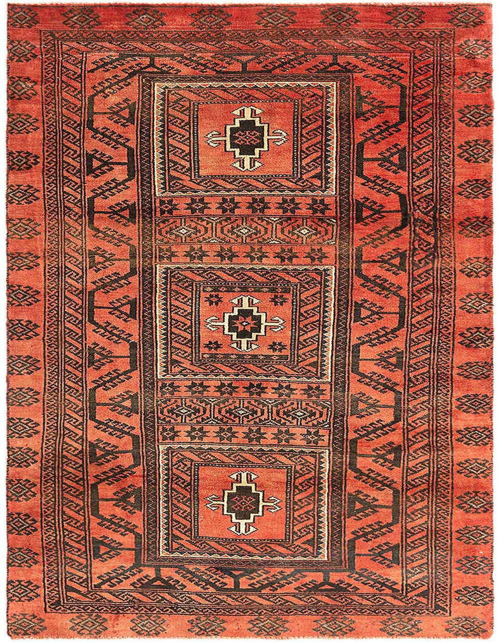 A 3x5 rectangular Balouch rug in shades of red with intricate black and cream tribal patterns, perfect for an entryway.