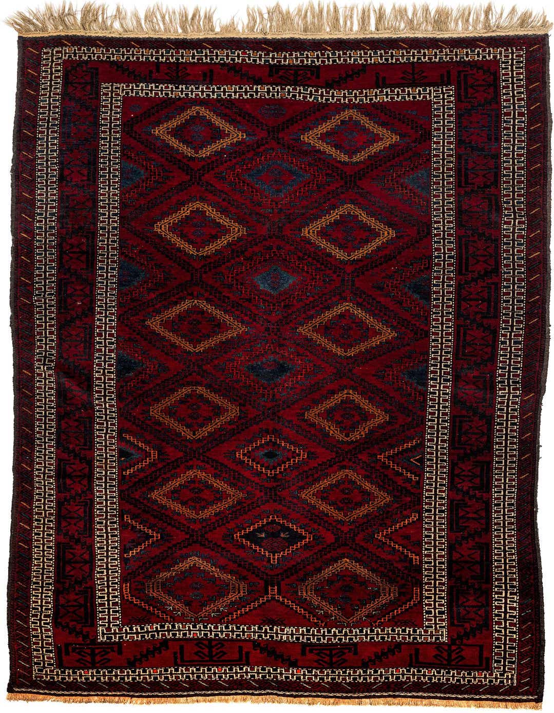 A 5x8 rectangular Balouch wool rug featuring a deep red field with tribal geometric diamond patterns in black, blue, and gold, framed by a detailed border.
