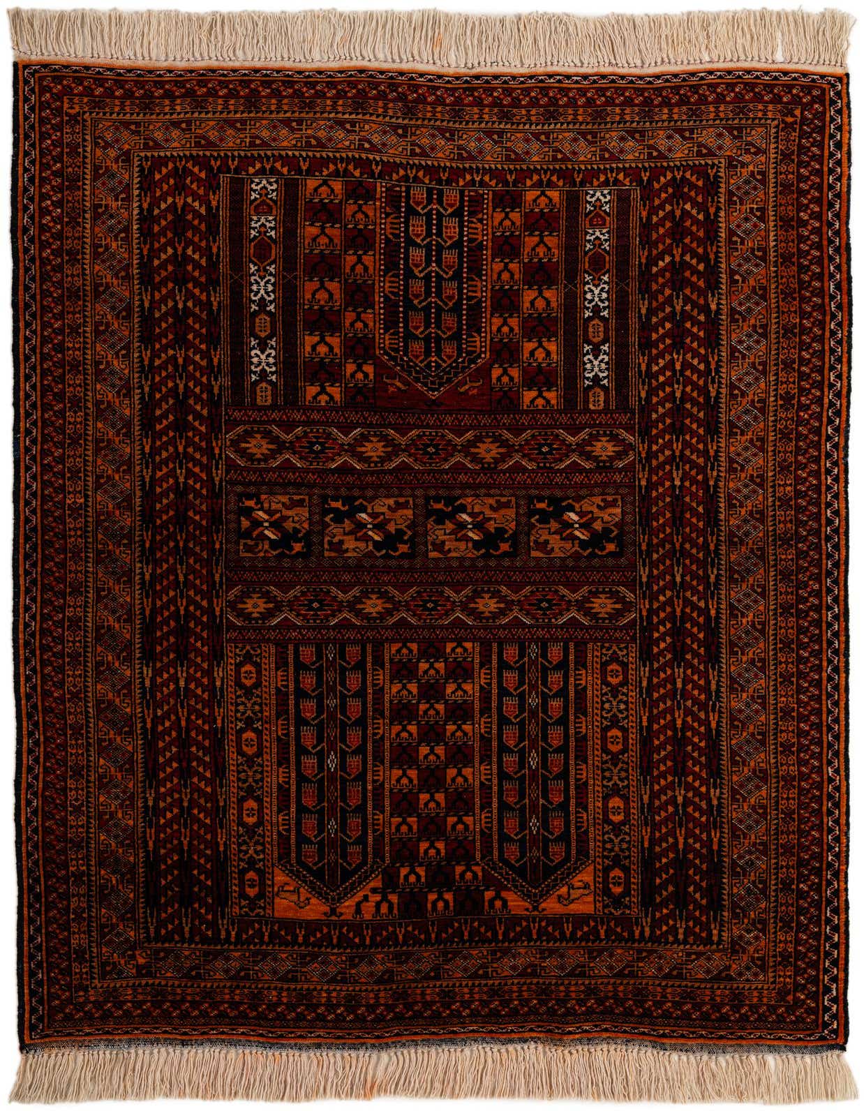 A 4x6 rectangular Balouch rug with intricate tribal patterns in deep reds, oranges, and black, featuring a flat pile and fringe.