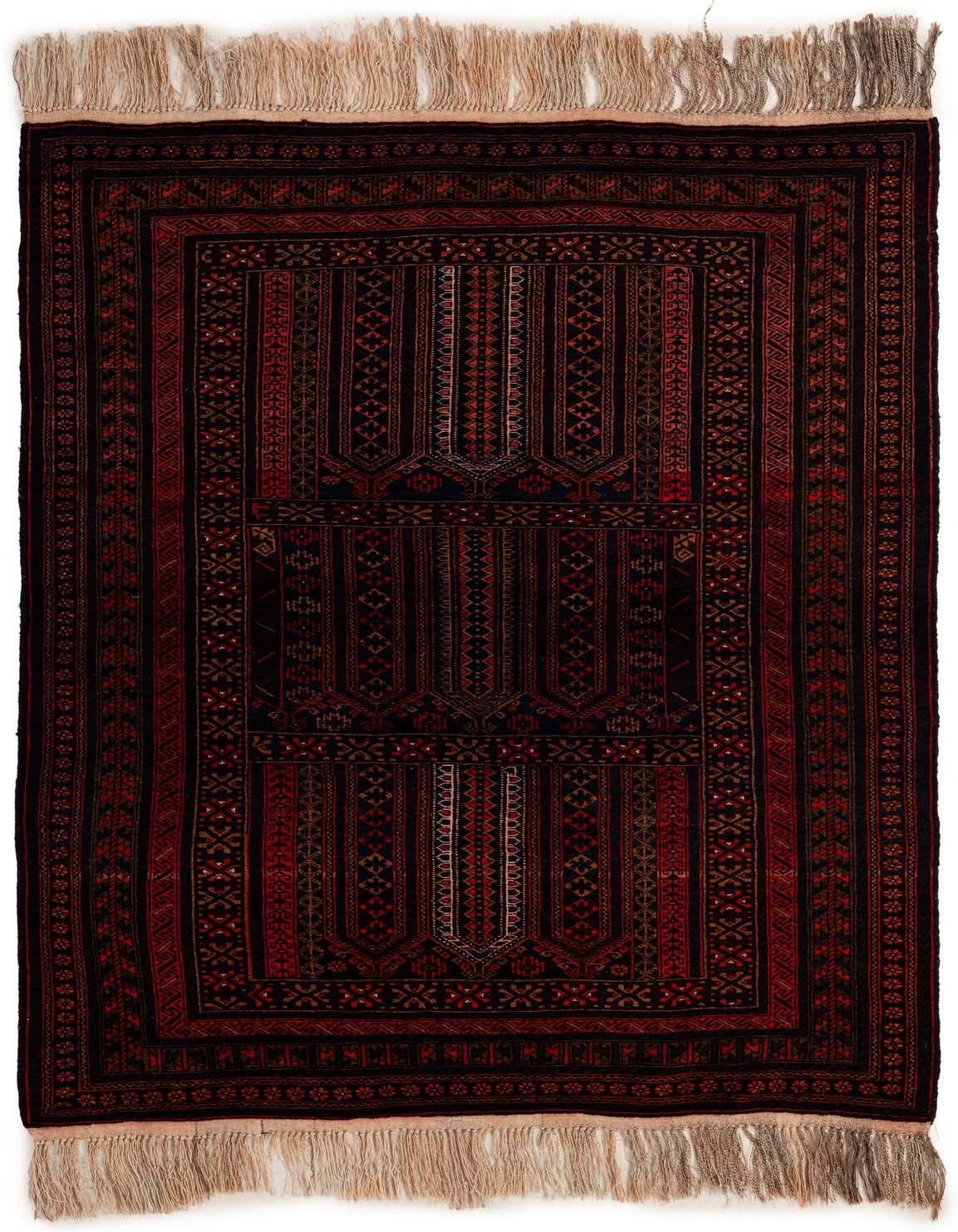 A 4x6 rectangular Balouch rug with a traditional tribal pattern in deep reds and black, featuring intricate geometric motifs and fringed ends.
