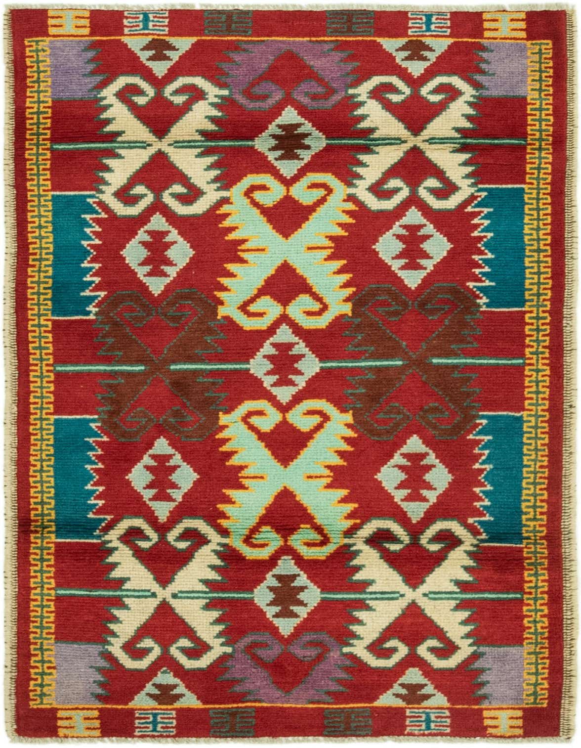 A 3x5 rectangular Balouch rug with a vibrant red background and traditional tribal patterns in teal, cream, purple, and brown.