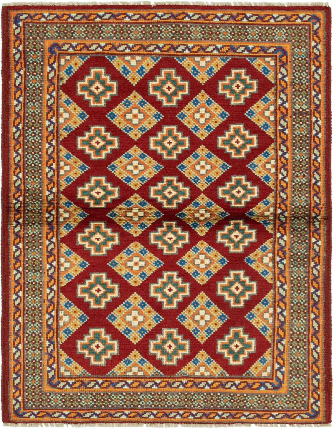 A 3x5 rectangular Balouch rug with a deep red field and repeating tribal geometric patterns in gold, blue, and green, framed by a multi-layered border.