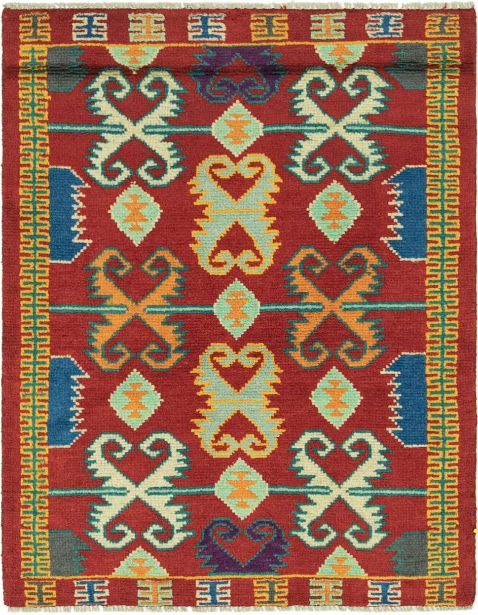 A 3x4 rectangular Balouch rug with a deep red background and a Southwestern tribal pattern in blue, orange, teal, and cream.
