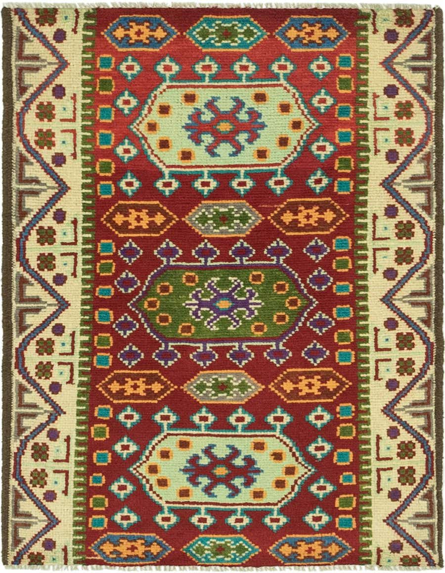 A 3x4 rectangular Balouch rug with a deep red field and cream border, featuring colorful Southwestern tribal patterns.