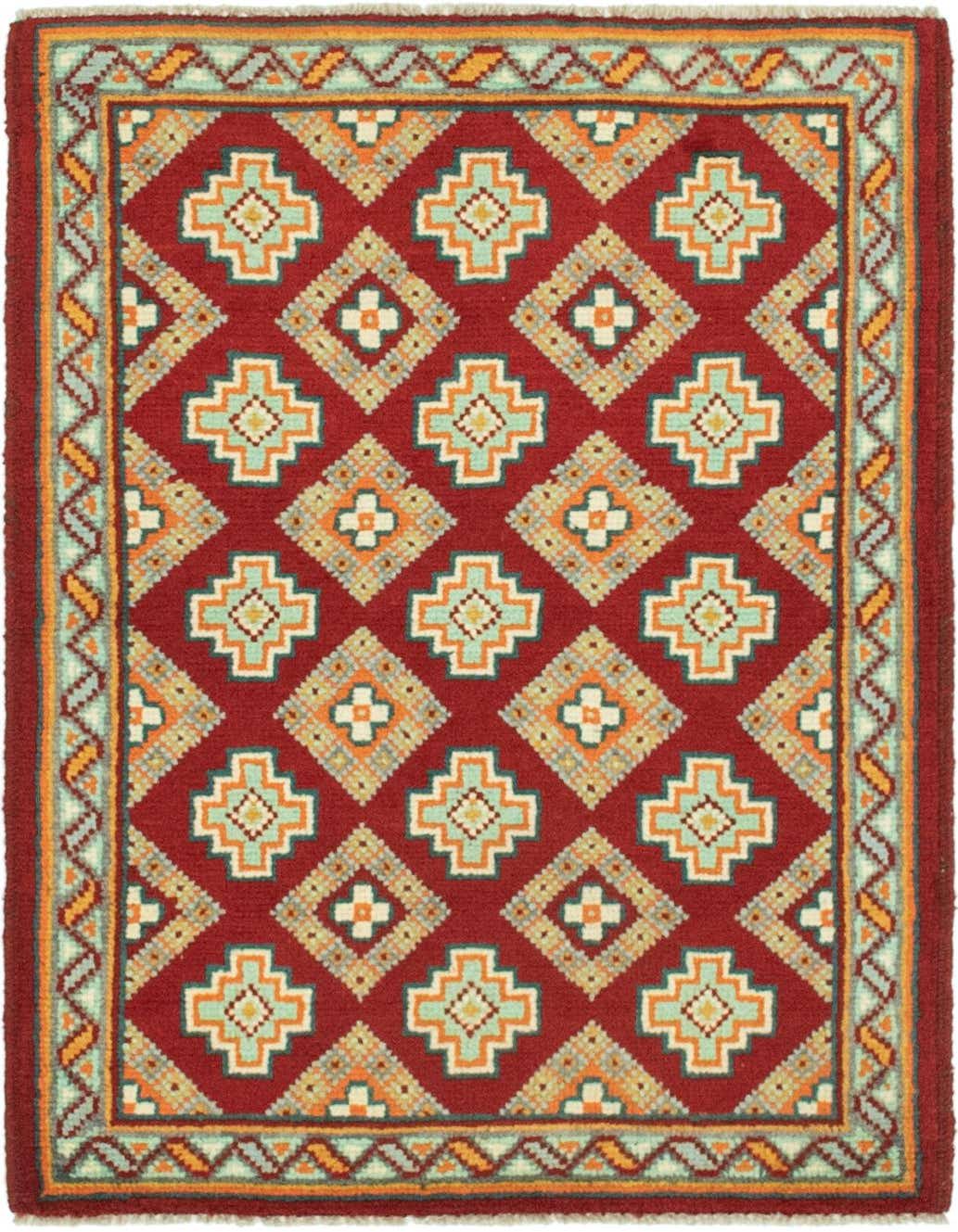 A 3x4 rectangular Balouch rug with a deep red field and traditional tribal patterns in teal, orange, and beige.