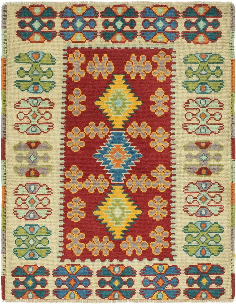A 3x4 rectangular Balouch rug with a red center field featuring colorful tribal diamonds and a cream border with intricate traditional patterns.