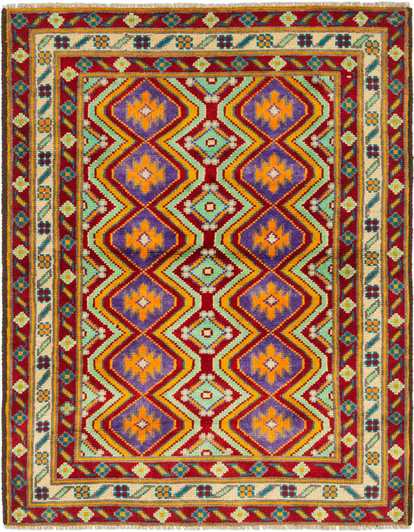 A vibrant 3x5 rectangular Balouch rug with a Southwestern tribal pattern in reds, purples, oranges, and greens, ideal for an entryway.
