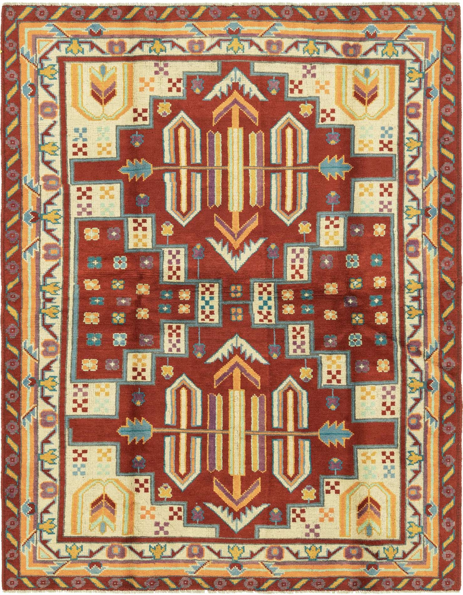 A 6x9 rectangular Balouch rug with a tribal medallion pattern in reds, creams, golds, and blues.