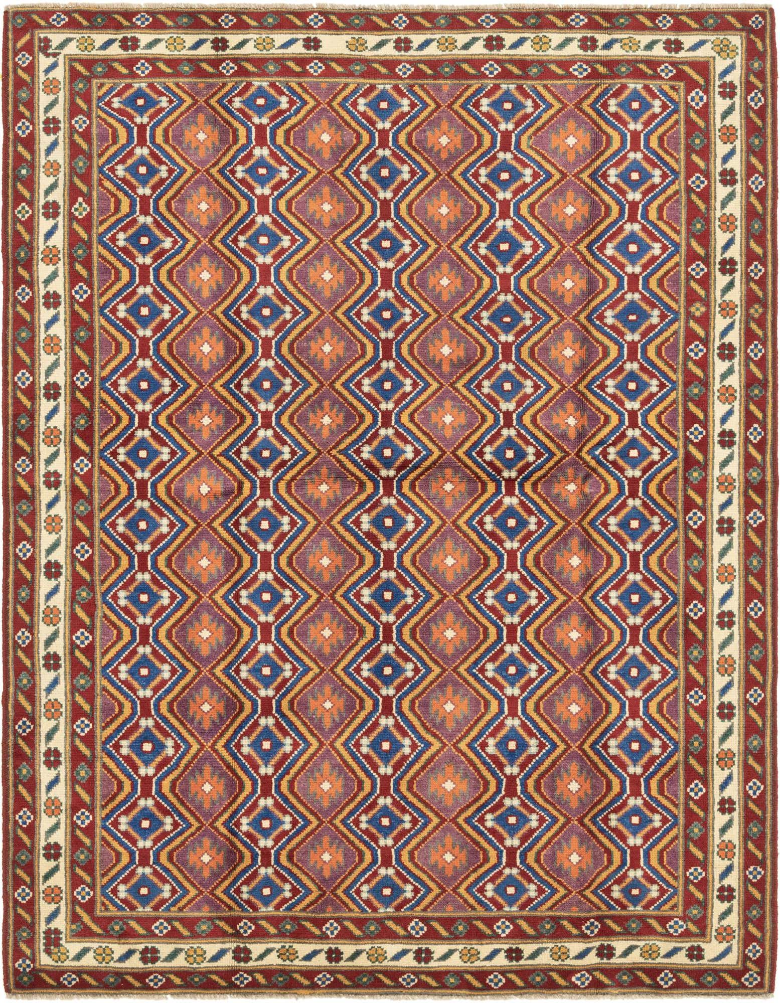 A 6x9 rectangular Balouch rug with a traditional tribal pattern in various shades of red, blue, orange, and gold.