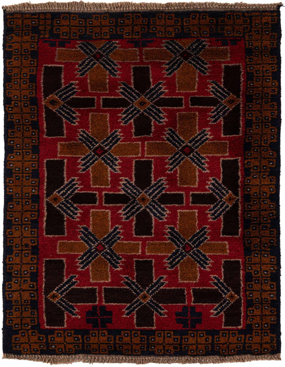 A 3x5 rectangular Balouch tribal rug in shades of red, brown, and black, featuring geometric patterns and a thin pile.