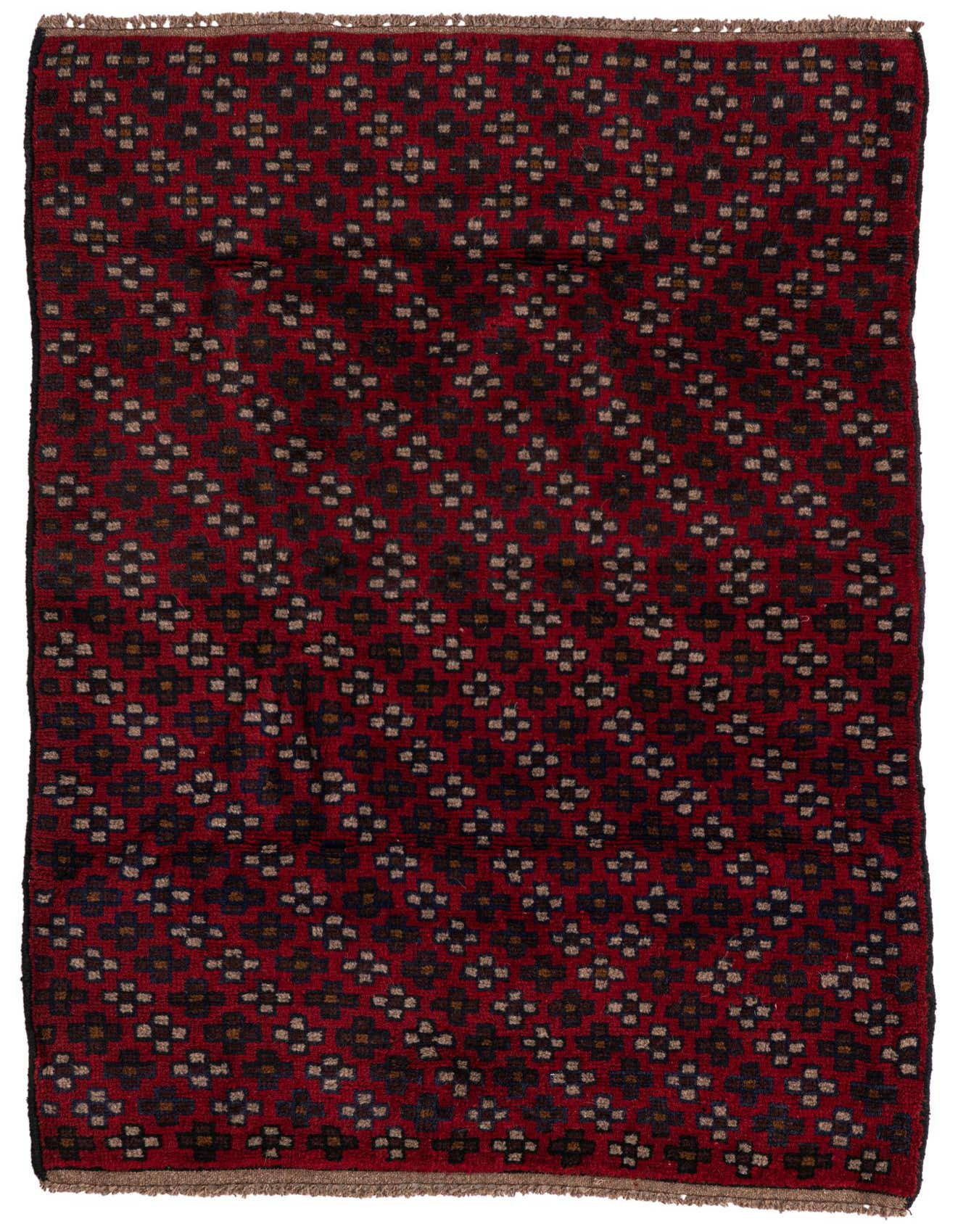 A 3x5 rectangular Balouch wool rug featuring a traditional tribal pattern in deep reds, black, and beige.