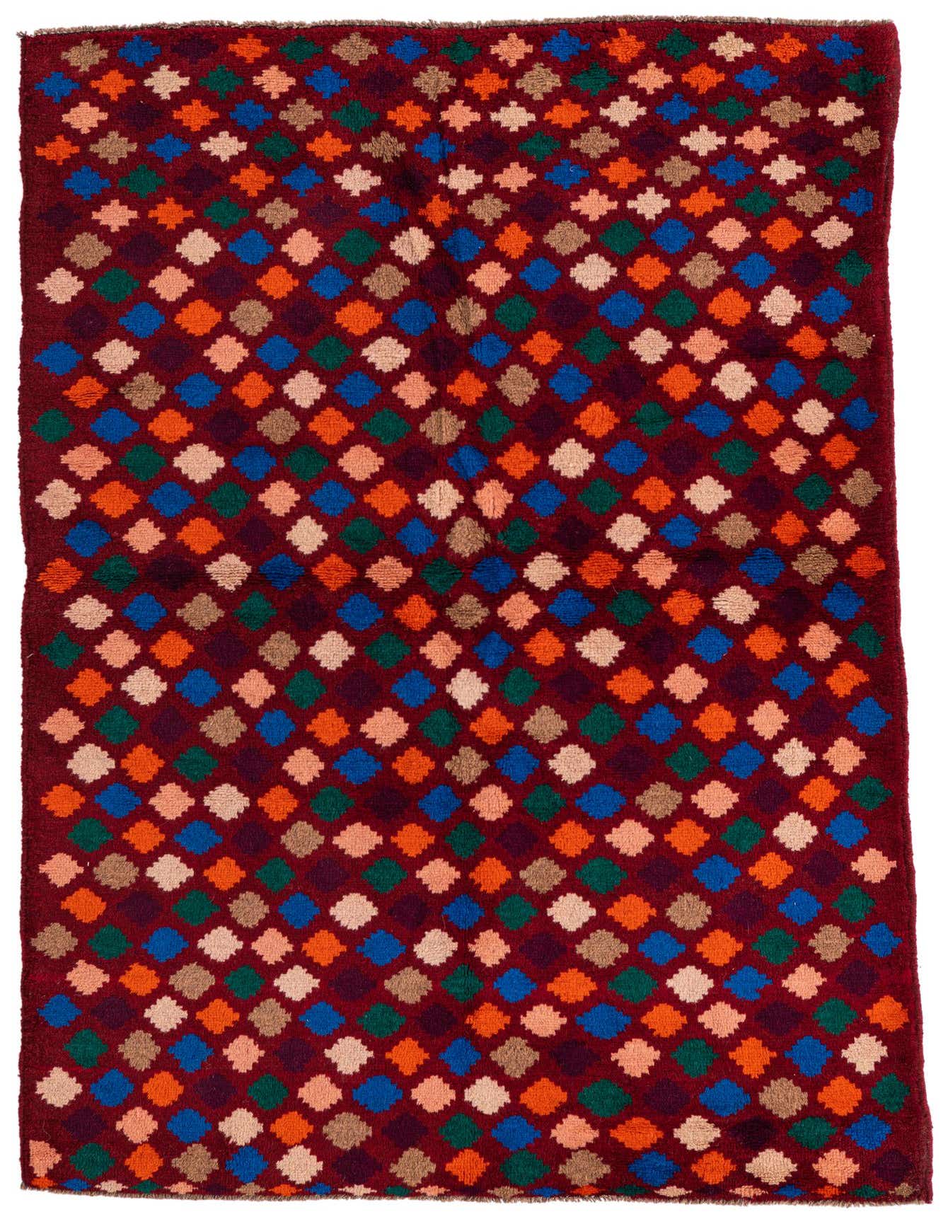 A 4x6 rectangular Balouch rug with a deep red background and a repeating diamond pattern in blue, orange, green, and beige.