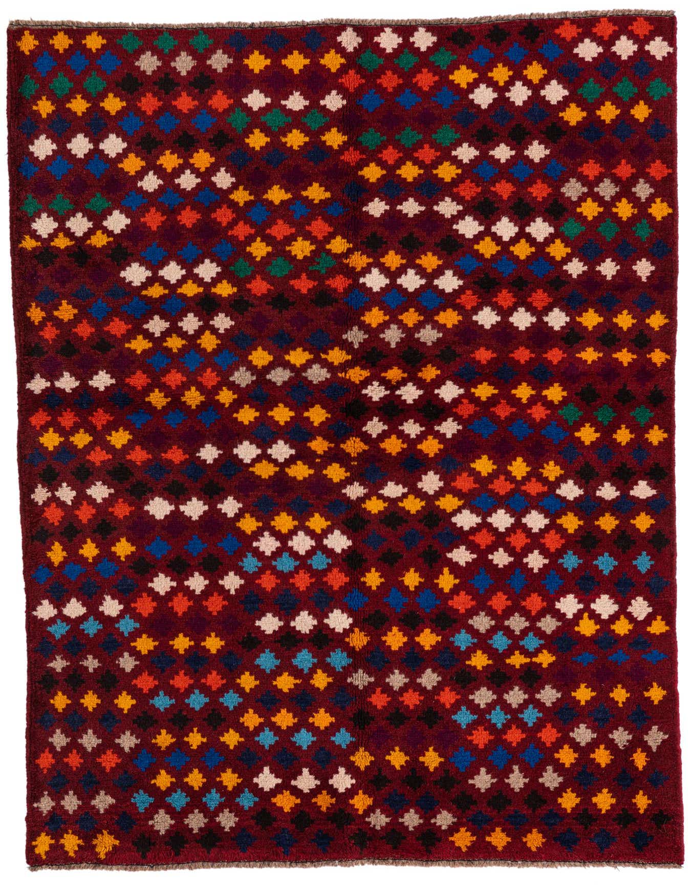 A 4x6 rectangular Balouch rug with a deep red background and a vibrant, repeating diamond pattern in various colors like blue, orange, yellow, green, and white.