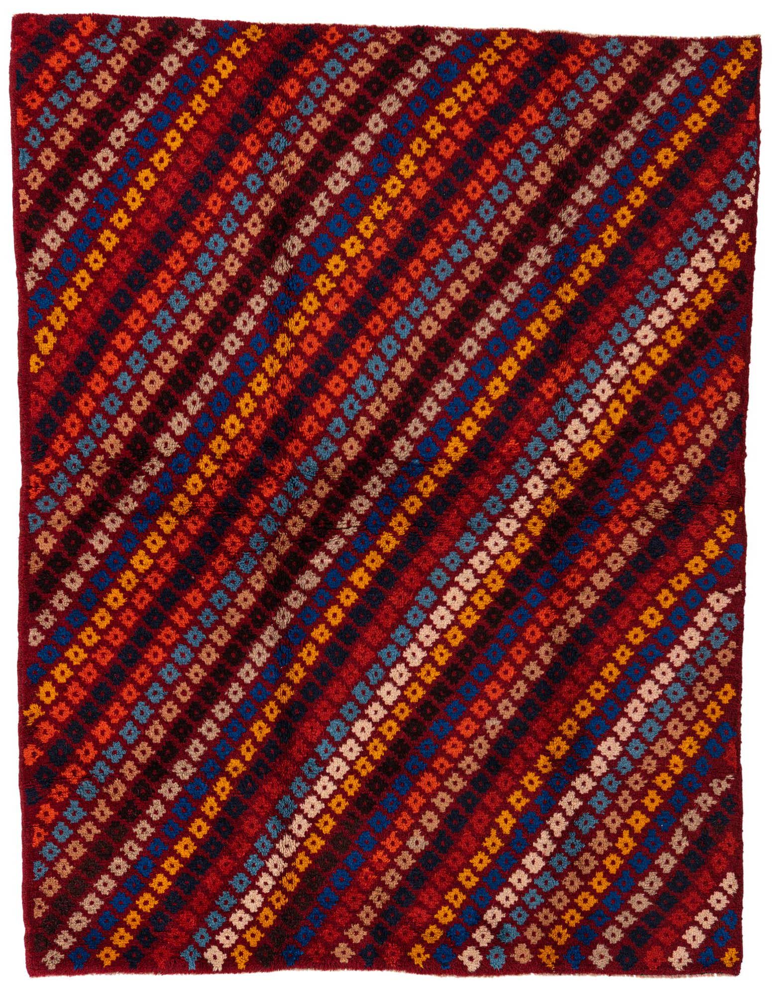 A 5x8 rectangular Balouch rug with a traditional tribal pattern in shades of red, blue, orange, and yellow.