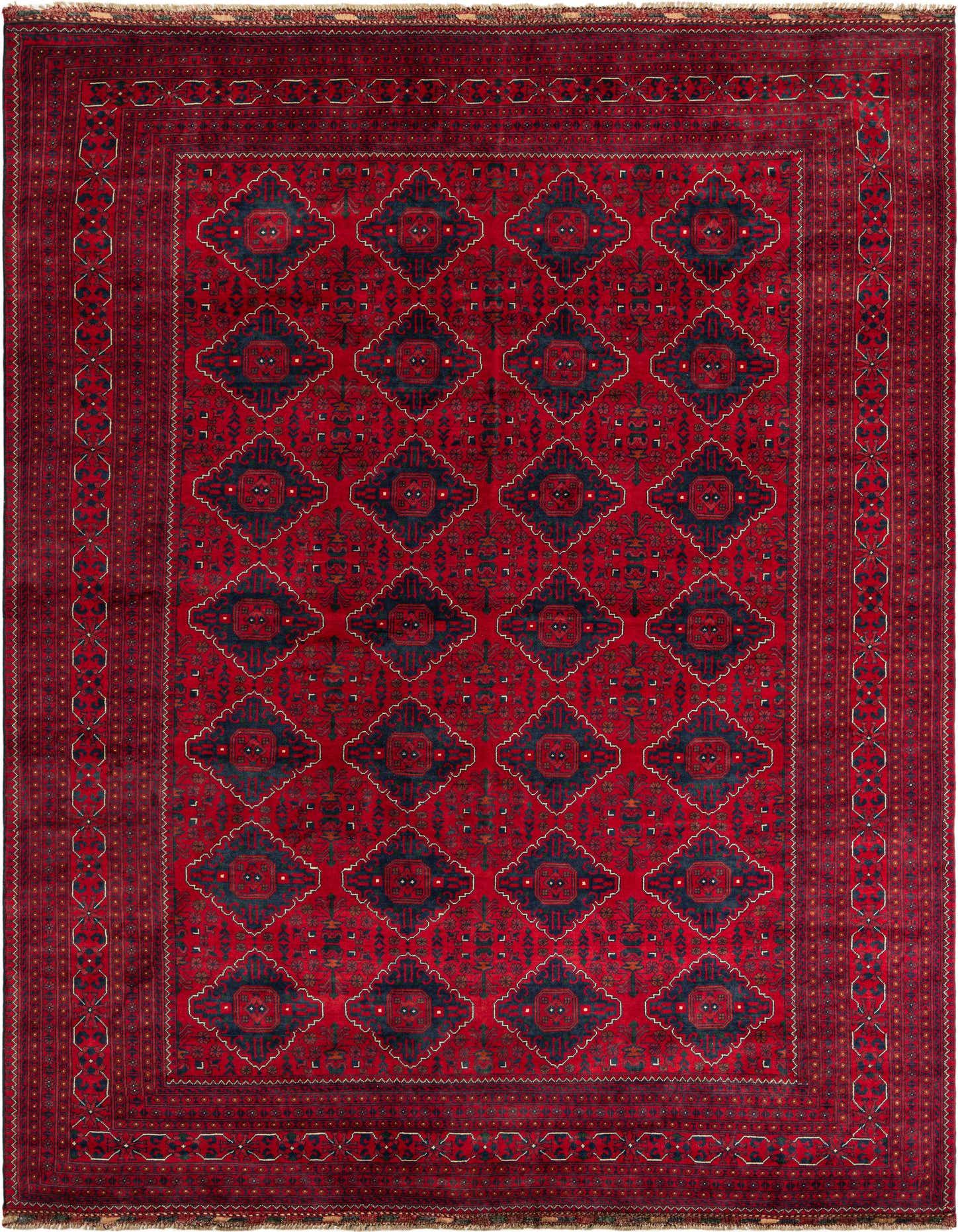 8x11 rectangular Balouch rug in deep red with repeating dark blue tribal diamond patterns and a detailed border, suitable for a living room.