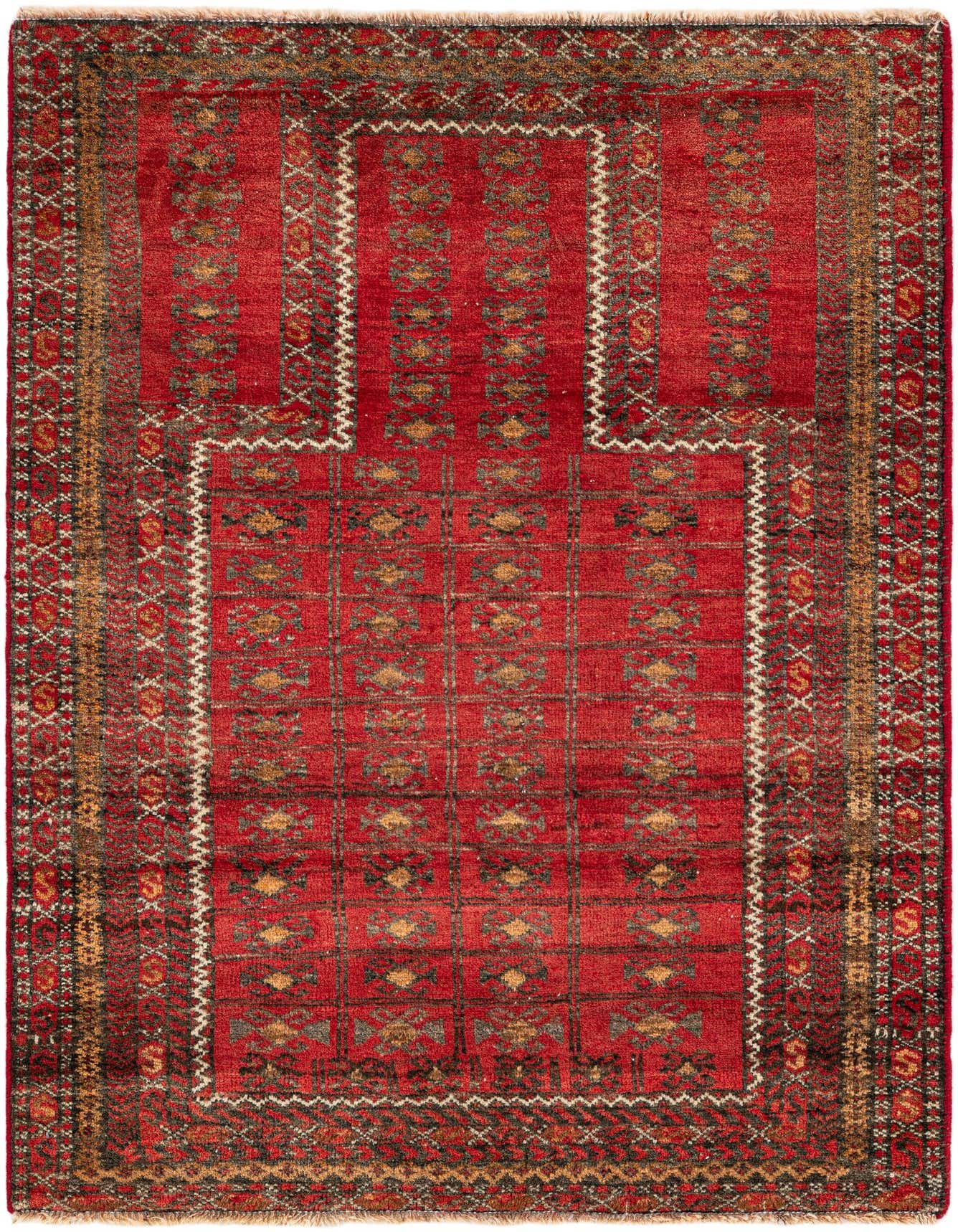 A 3x4 rectangular Balouch rug with a deep red field and intricate tribal patterns in gold, black, and white.