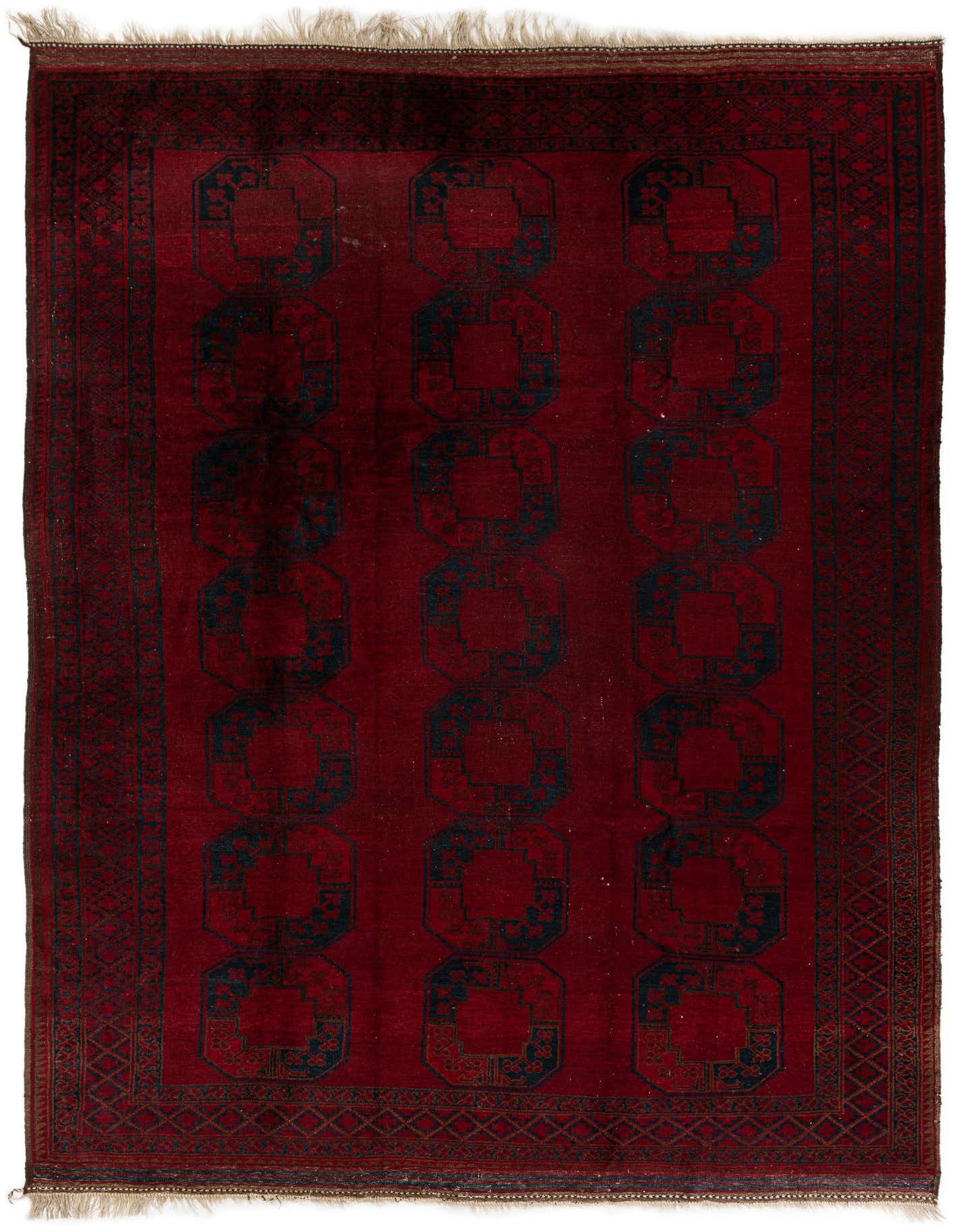 A rectangular 8x11 Balouch area rug in deep red with repeating dark blue geometric patterns and a detailed border.