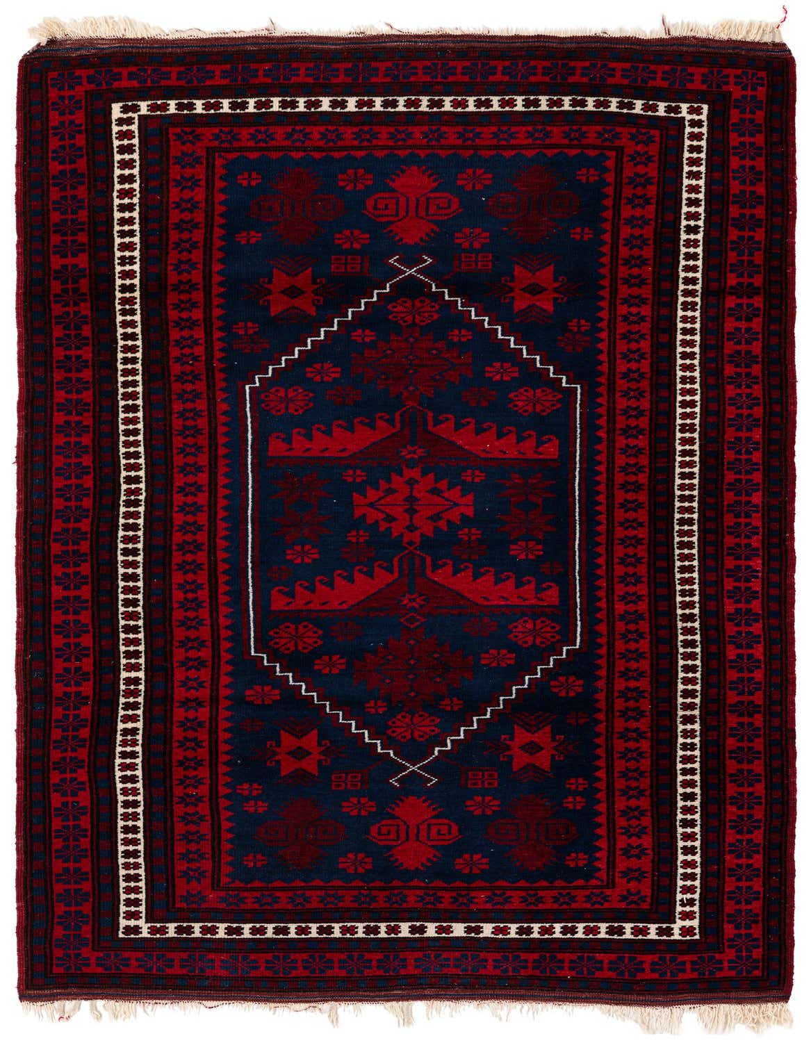 A 4x6 rectangular Balouch rug in deep red and navy blue, featuring traditional Persian and tribal patterns with a central medallion.