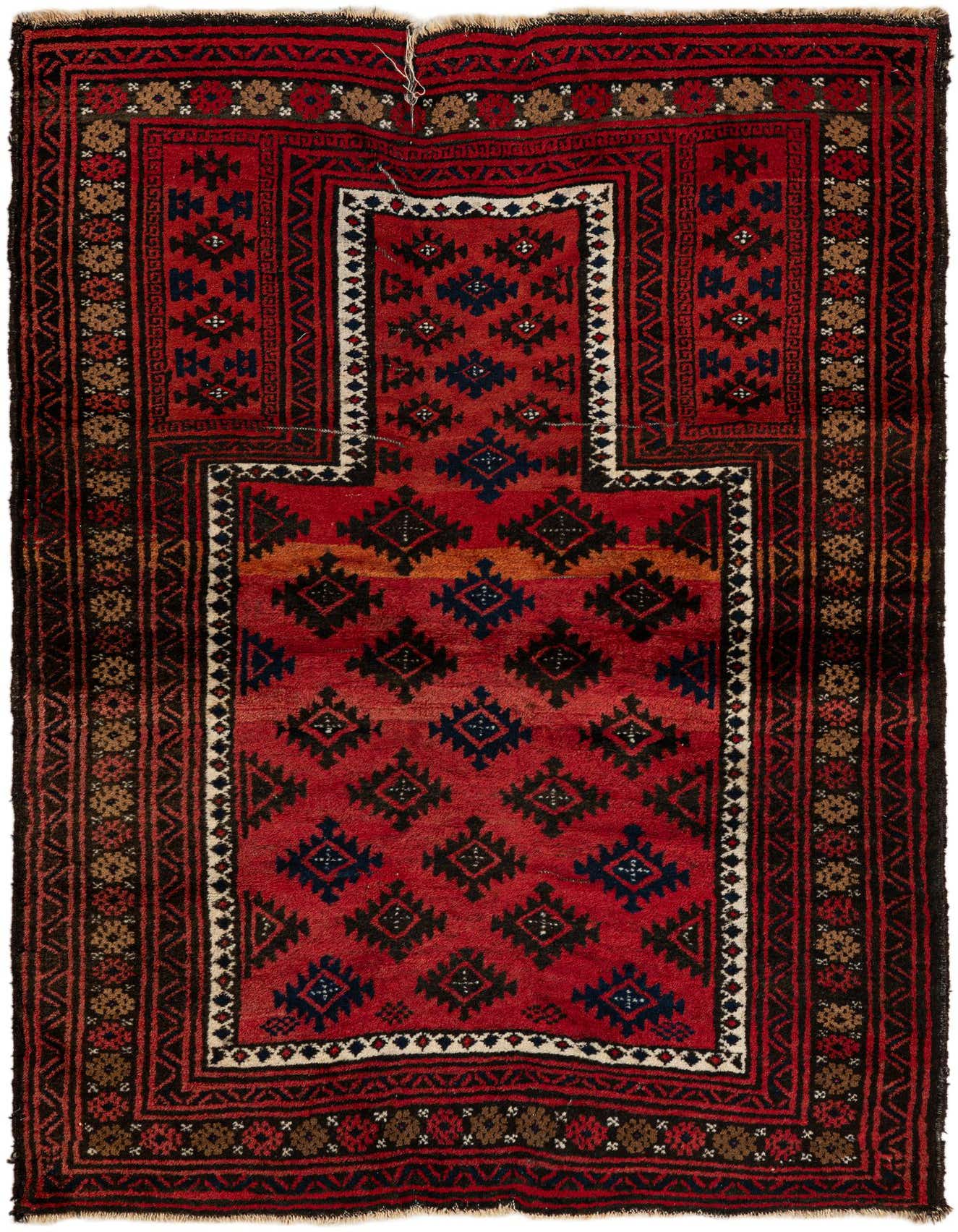 A 3x5 rectangular Balouch rug with a traditional Persian tribal pattern in deep reds, black, and navy, featuring geometric motifs and a distinct border.