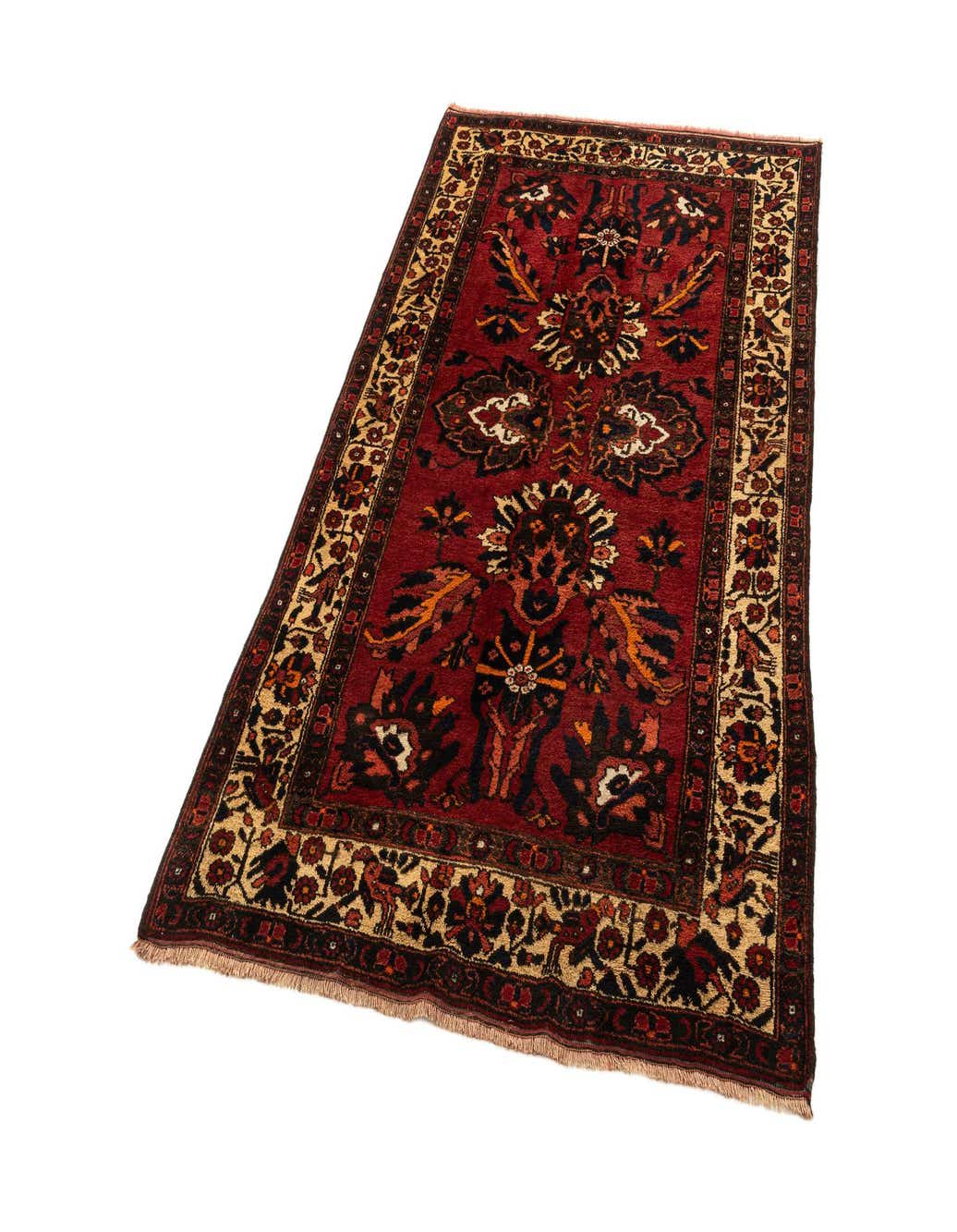 A 4x6 rectangular Beloutsch rug with a deep red field and intricate traditional patterns in black, gold, and cream, featuring a detailed border.