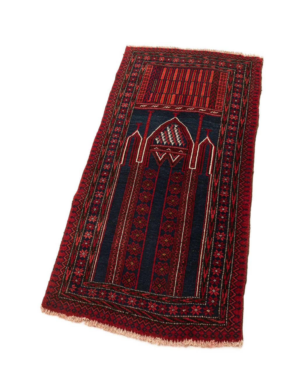 A handmade 3x5 rectangular Beloutsch rug featuring a deep red border and a central navy panel with intricate traditional patterns.