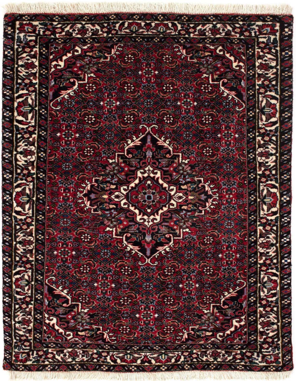 A 2x3 rectangular Bidjar fine rug in rich reds, featuring an intricate traditional pattern with a central medallion and decorative border, suitable for an entryway.