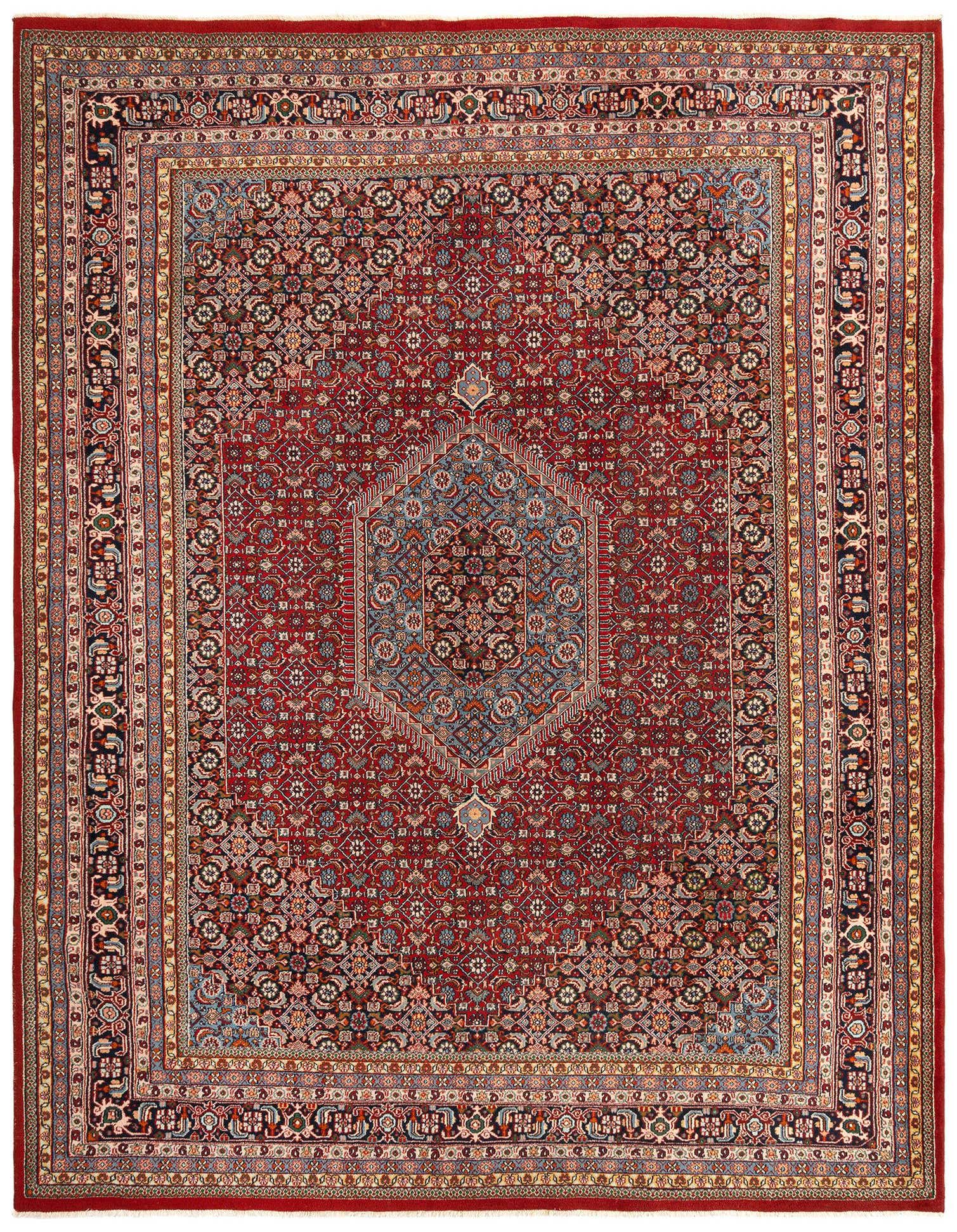 A 9x12 rectangular Bidjar Persian rug in rich reds with intricate floral and medallion patterns, ideal for a living room.