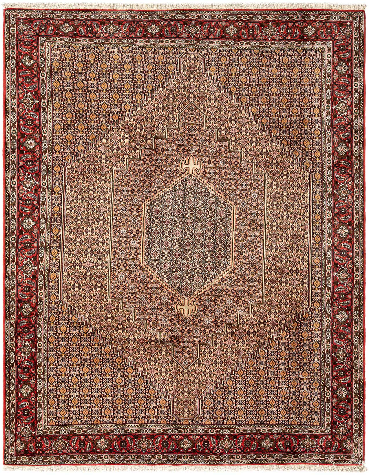 A 6x9 rectangular Bidjar Persian rug in shades of red, brown, and cream, featuring a detailed medallion pattern and ornate border.