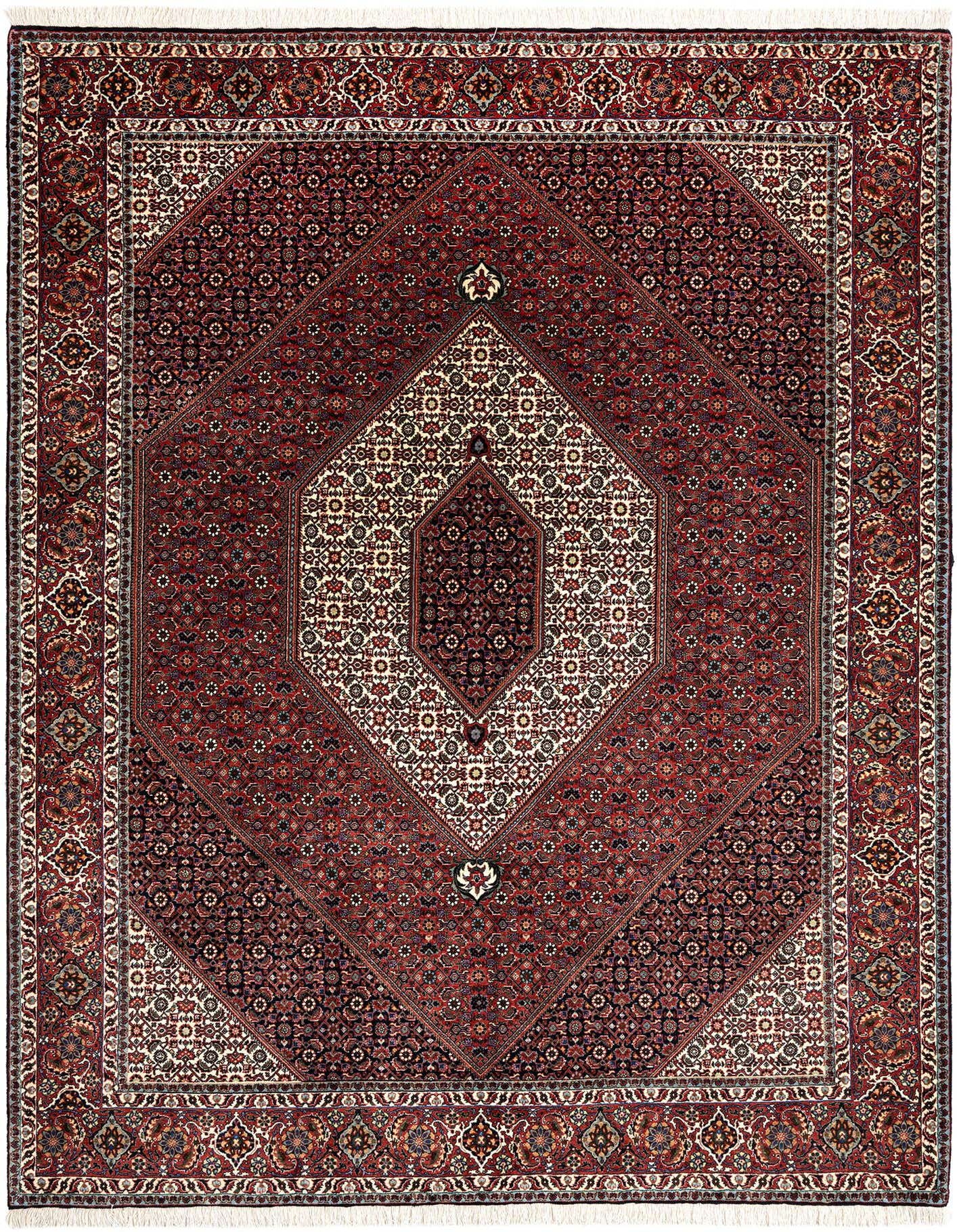 A 6x9 rectangular Bidjar Persian rug with a rich red background and intricate floral patterns, featuring a central diamond medallion in cream and darker red, surrounded by detailed borders.
