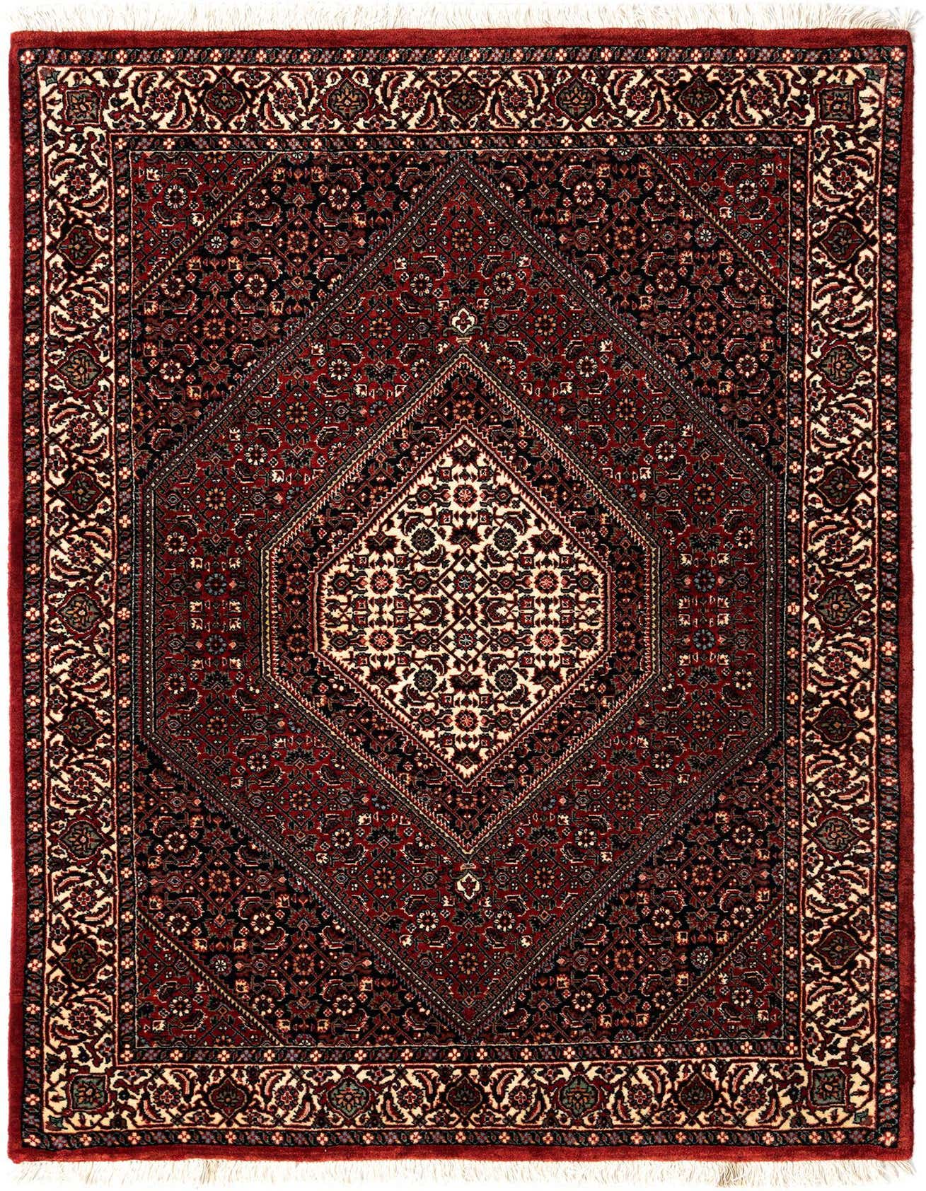 A 4x6 rectangular Bidjar Persian rug with a rich red background, intricate floral patterns, and a prominent central medallion in cream and black.